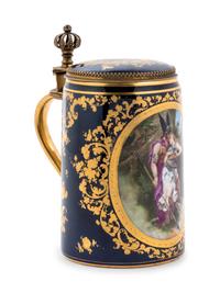 A Vienna Style Painted and Parcel Gilt Porcelain Tankard