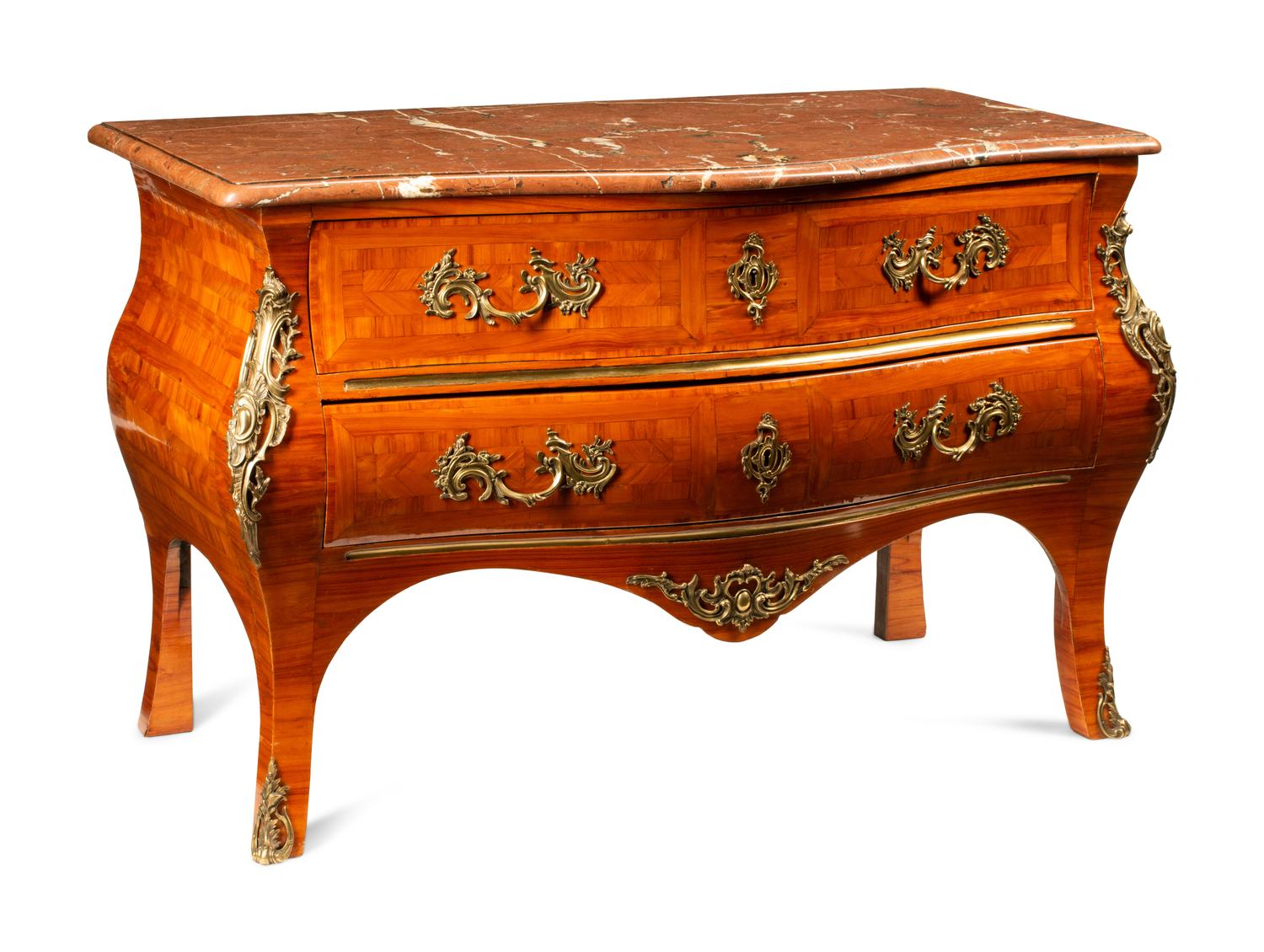 A Regence Style Gilt Bronze Mounted Parquetry Marble-Top Commode