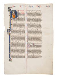 SOUTHERN FRENCH ILLUMINATOR Leaf with a historiated initial ‘P’ of Saint Paul from the Mailhac-Faber Bible, in Latin, illuminated manuscript on parchment [Southern France, late 13th–early 14th century]