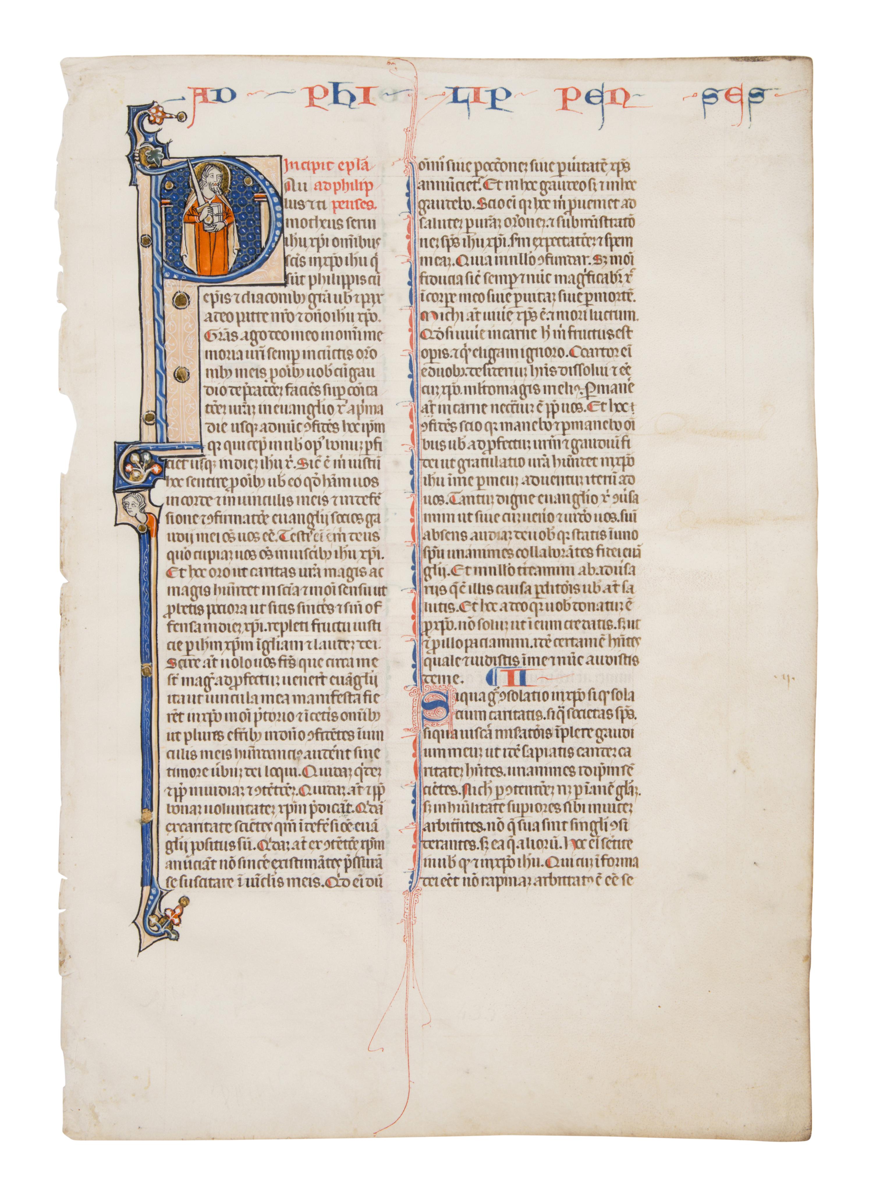 SOUTHERN FRENCH ILLUMINATOR Leaf with a historiated initial ‘P’ of Saint Paul from the Mailhac-Faber Bible, in Latin, illuminated manuscript on parchment [Southern France, late 13th–early 14th century]