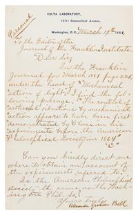 BELL, Alexander Graham. Letter signed ("Alexander Graham Bell"), to the Editor of the Journal of the Franklin Institute, 19 March 1881.