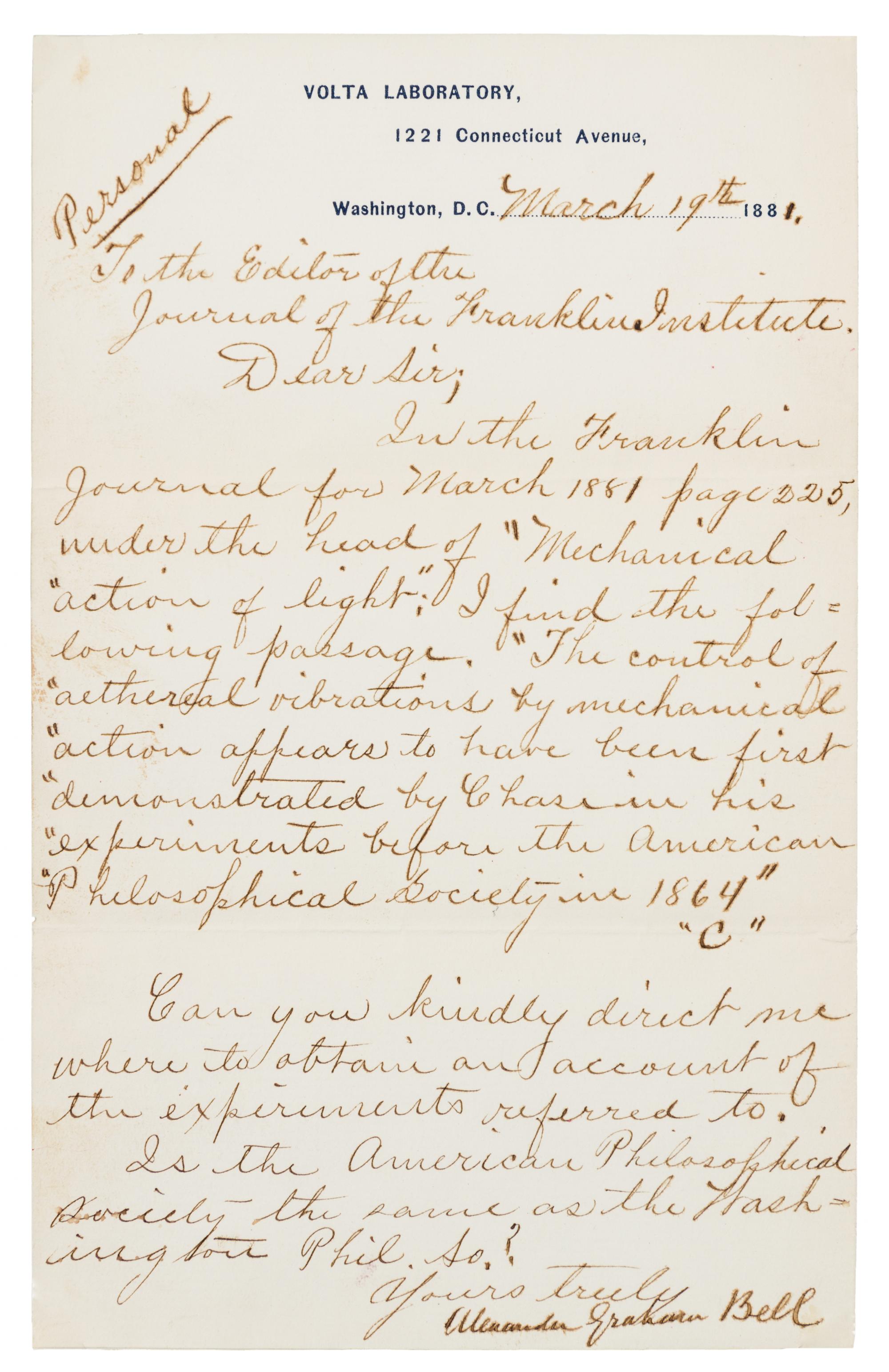 BELL, Alexander Graham. Letter signed ("Alexander Graham Bell"), to the Editor of the Journal of the Franklin Institute, 19 March 1881.