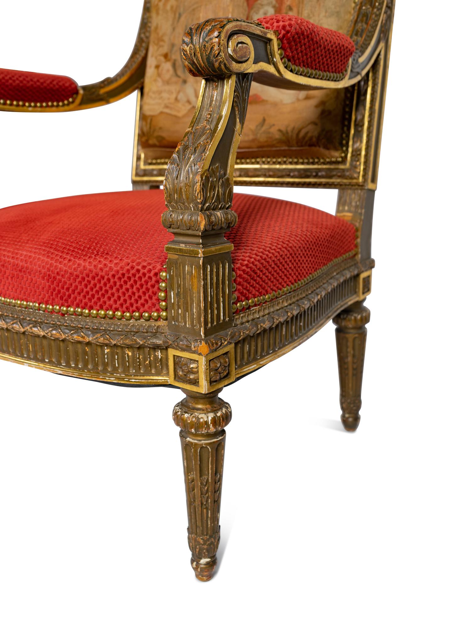 A Pair of Louis XVI Style Giltwood Fauteuils with Tapestry Upholstery