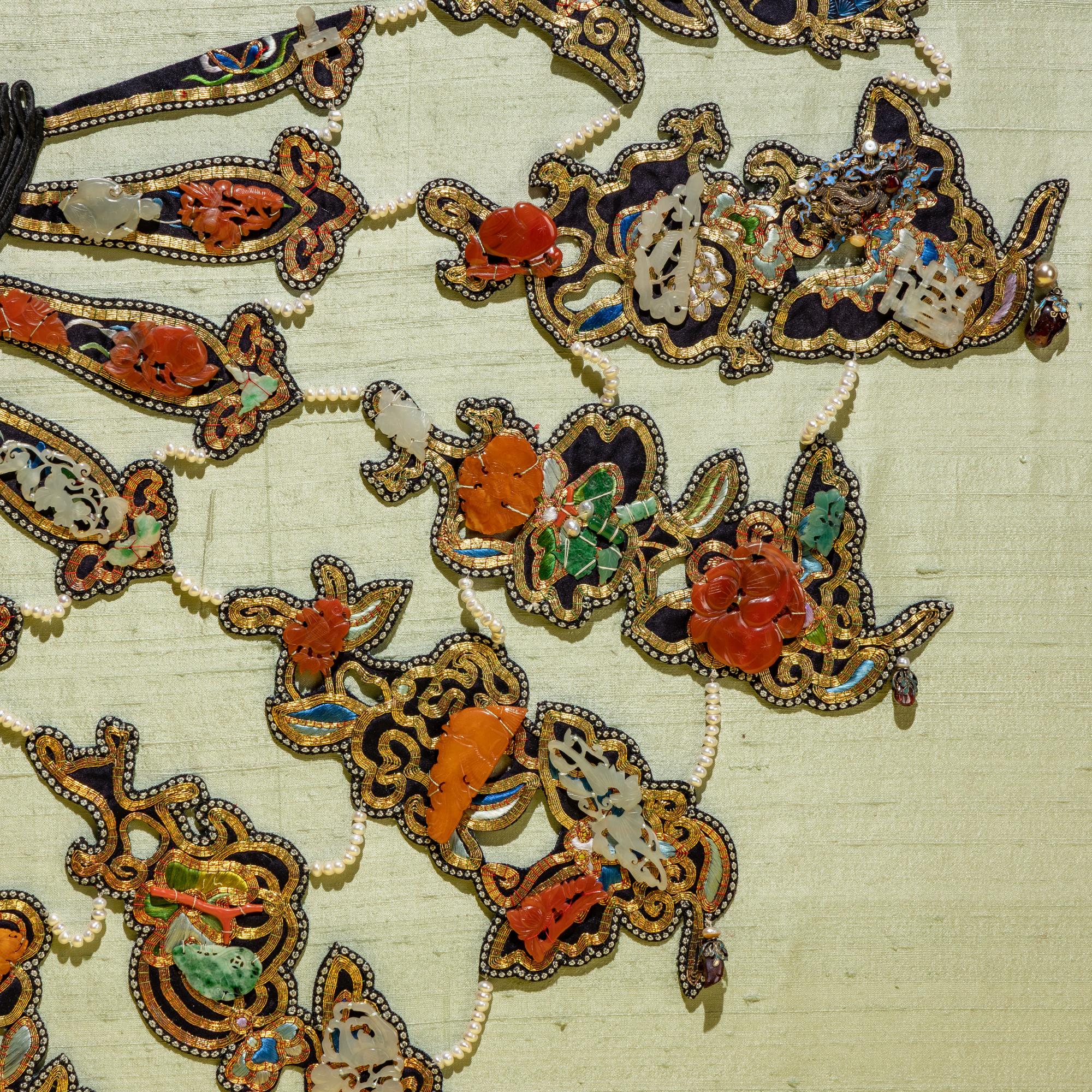 A Rare Chinese Jade and Hardstone Embellished Collar with Box, Yunjian, Late Qing Dynasty — 清晚期 盤金綉點翠鑲玉嵌寳珠珞云肩（附原盒）