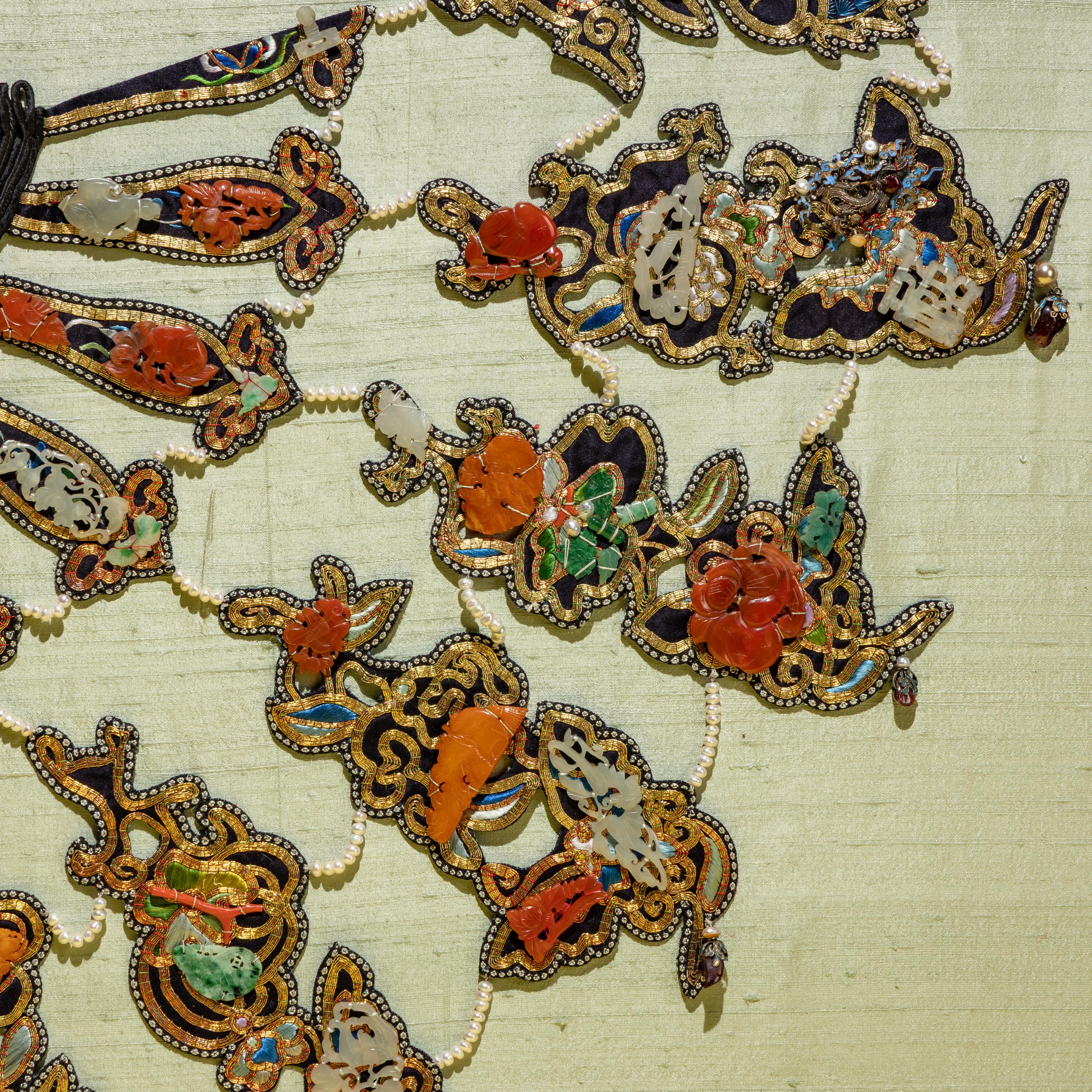 A Rare Chinese Jade and Hardstone Embellished Collar with Box, Yunjian, Late Qing Dynasty — 清晚期 盤金綉點翠鑲玉嵌寳珠珞云肩（附原盒）
