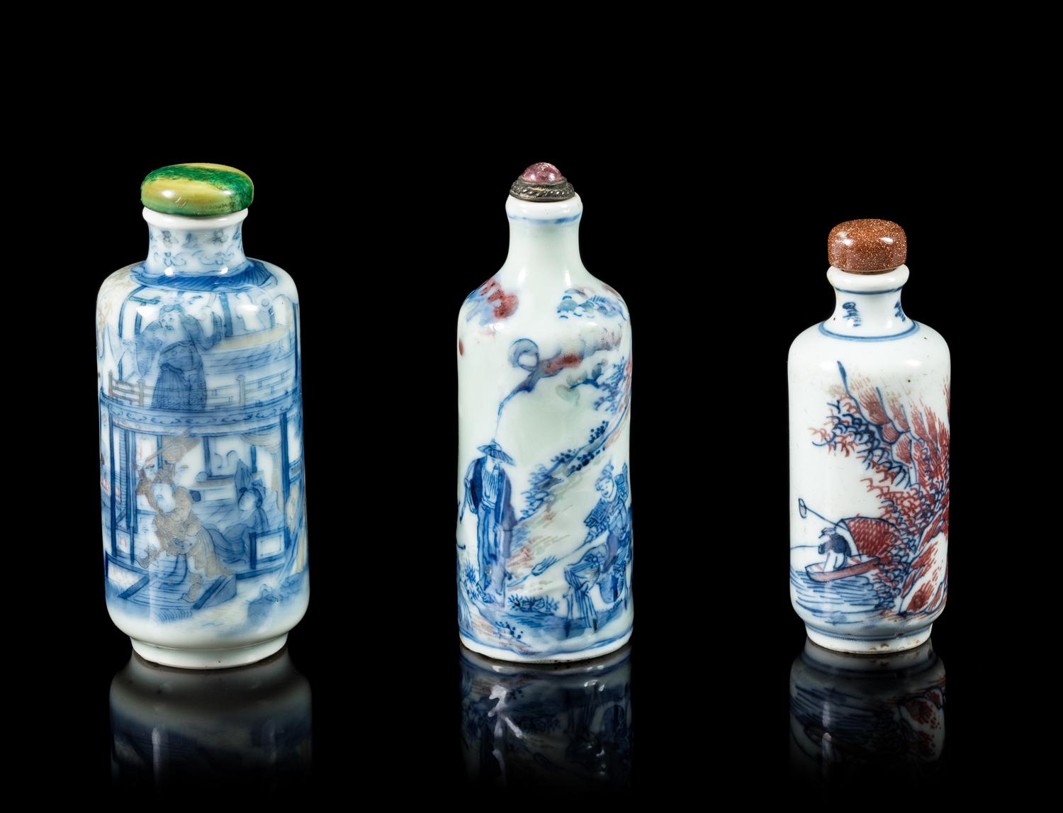 Three Copper-Red, Blue and White Porcelain Snuff Bottles Height of tallest 3 1/4 inches. — 19TH CENTURY