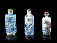 Three Copper-Red, Blue and White Porcelain Snuff Bottles Height of tallest 3 1/4 inches. — 19TH CENTURY