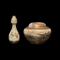 A Japanese Satsuma Type Enameled Pottery Miniature Vase and Covered Koro, Meiji Period