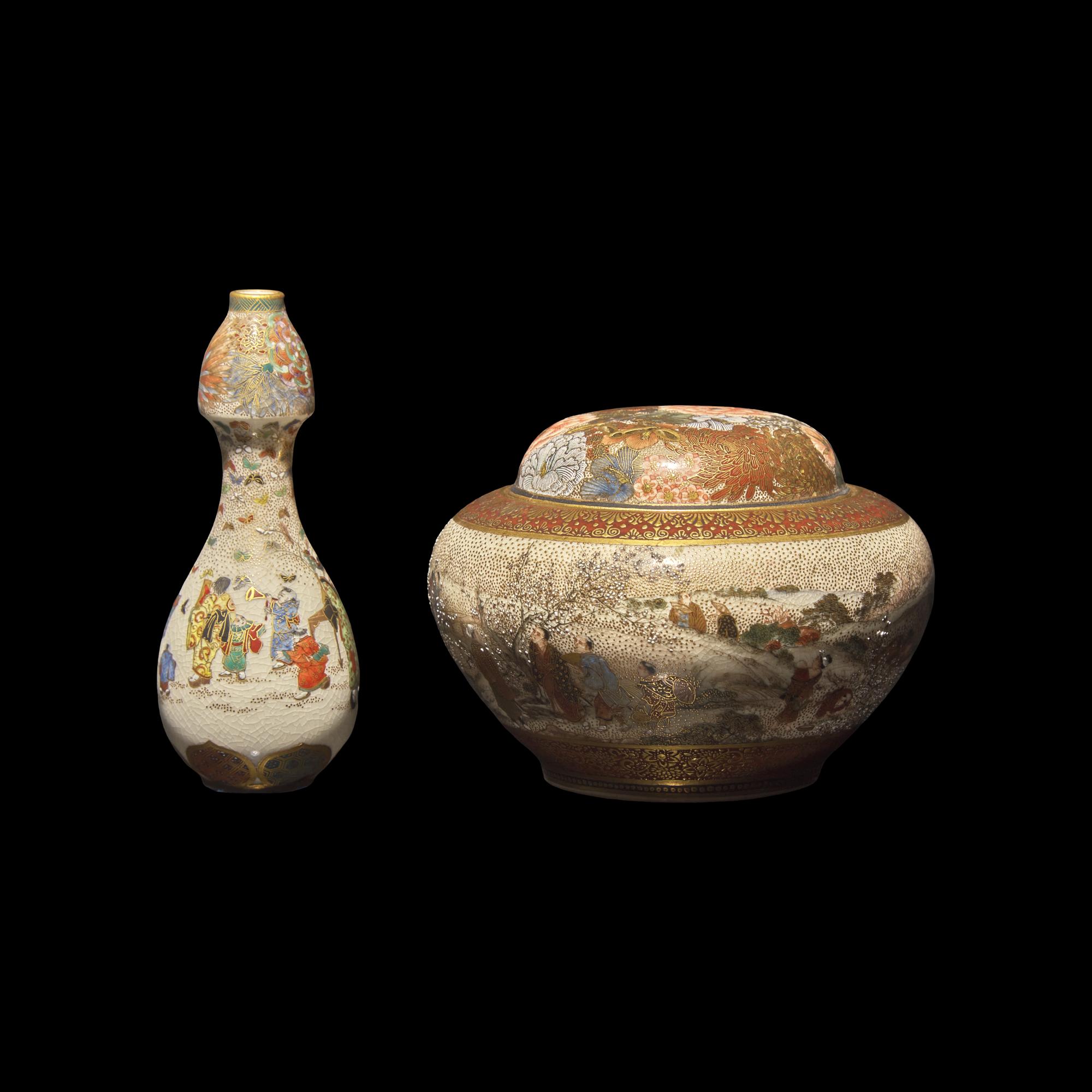 A Japanese Satsuma Type Enameled Pottery Miniature Vase and Covered Koro, Meiji Period