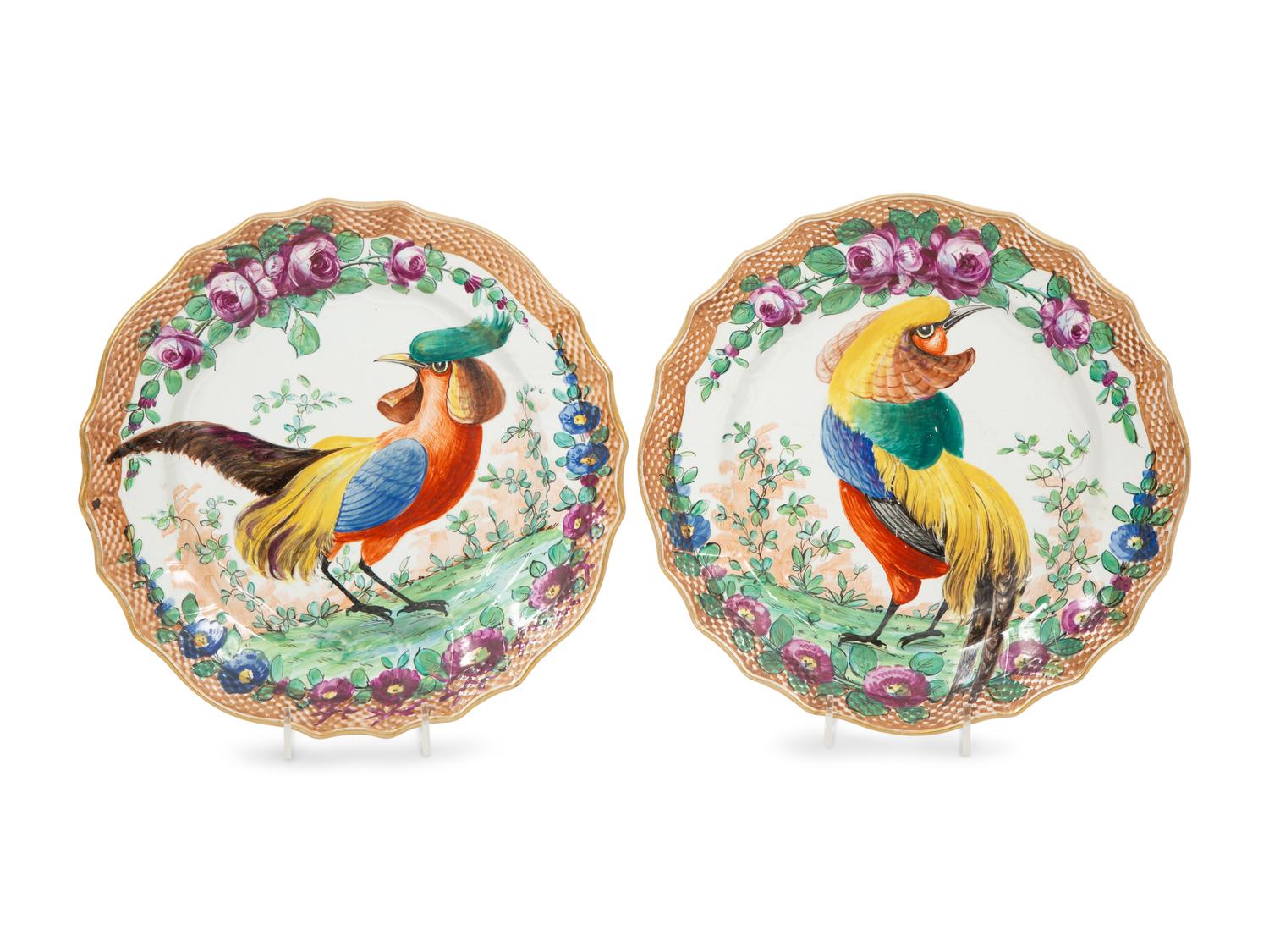 A Pair of Porcelain Plates Painted with Exotic Birds