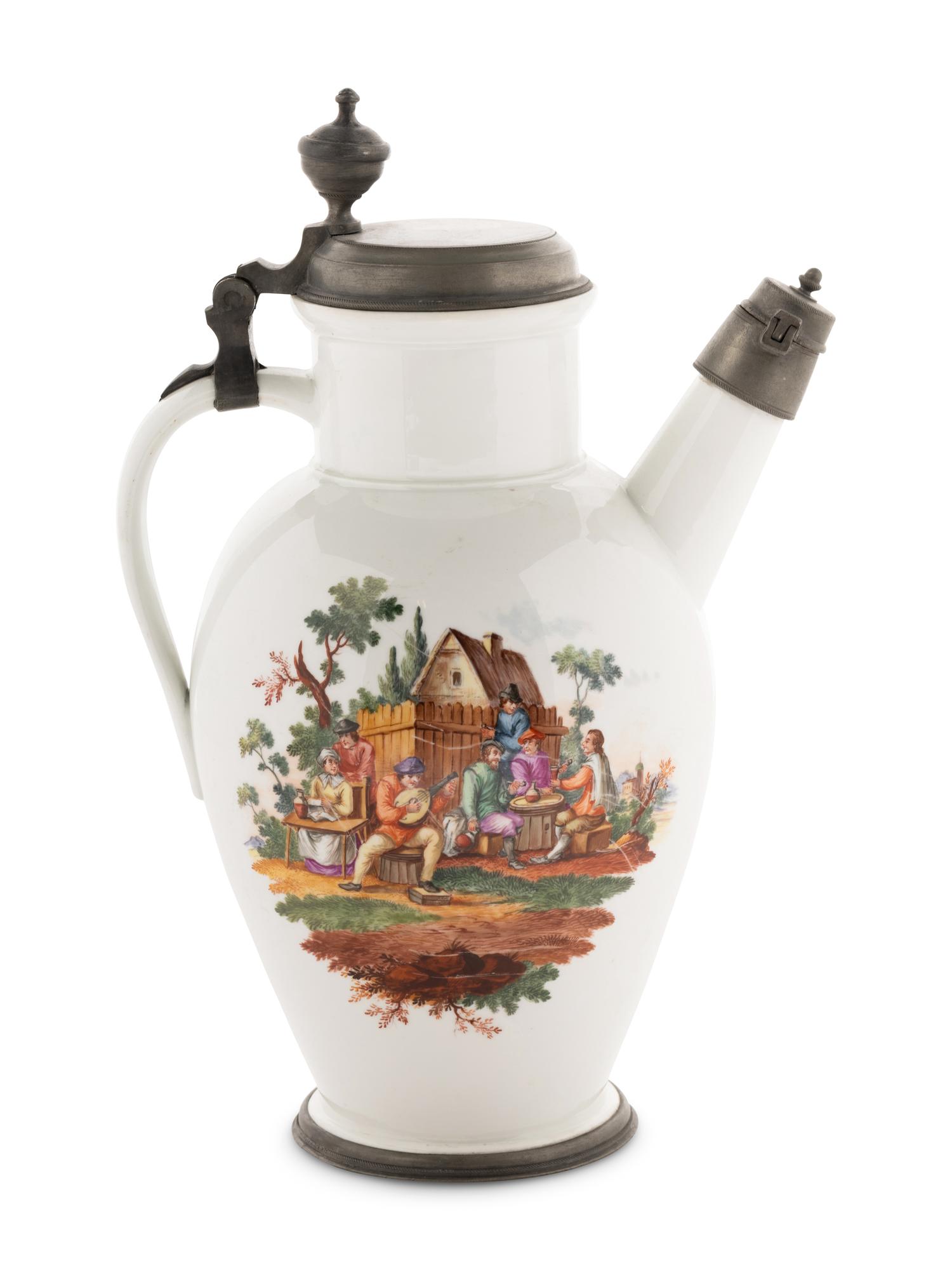 A Large German Pewter-Mounted Porcelain Ewer
