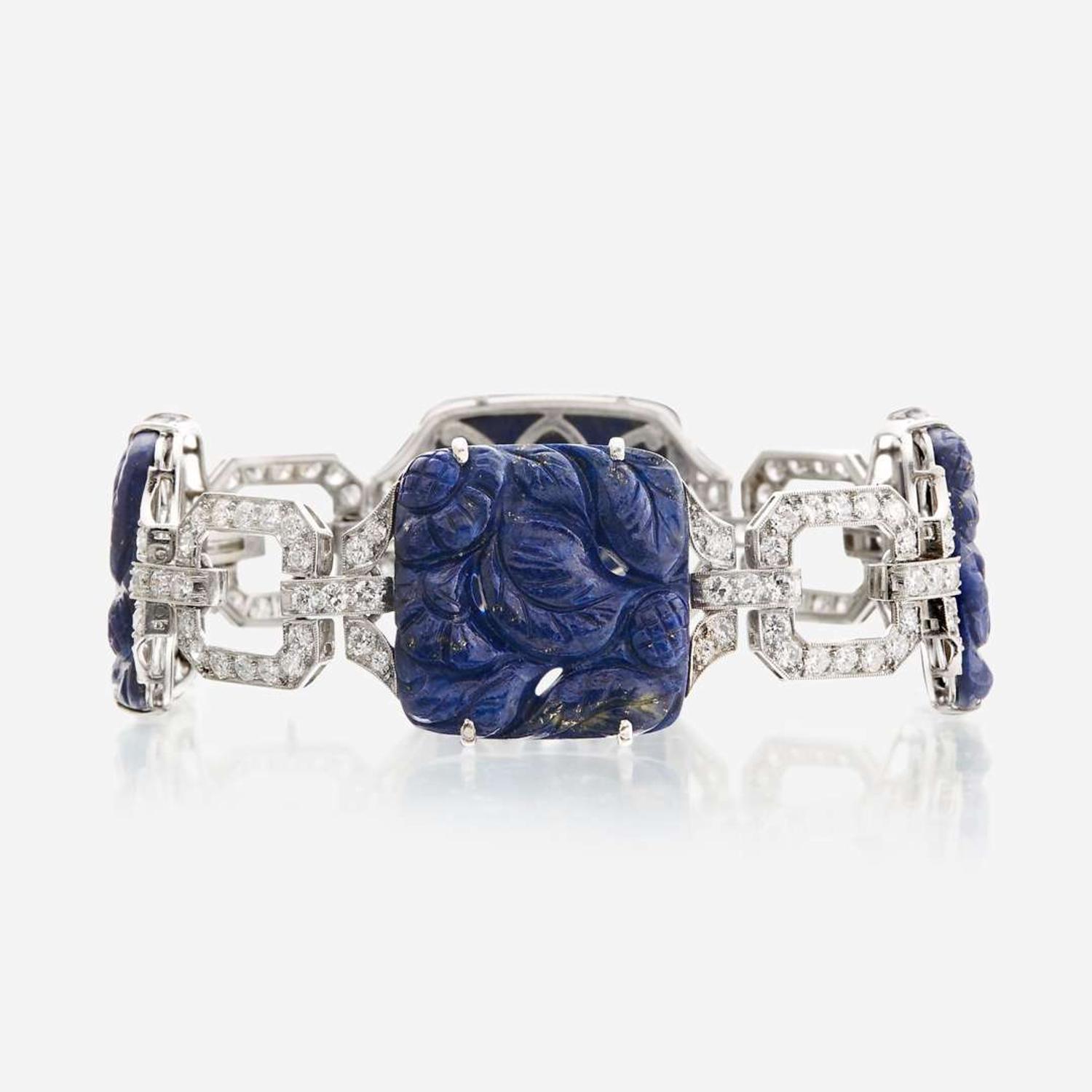 A lapis lazuli, diamond, and eighteen karat white gold bracelet