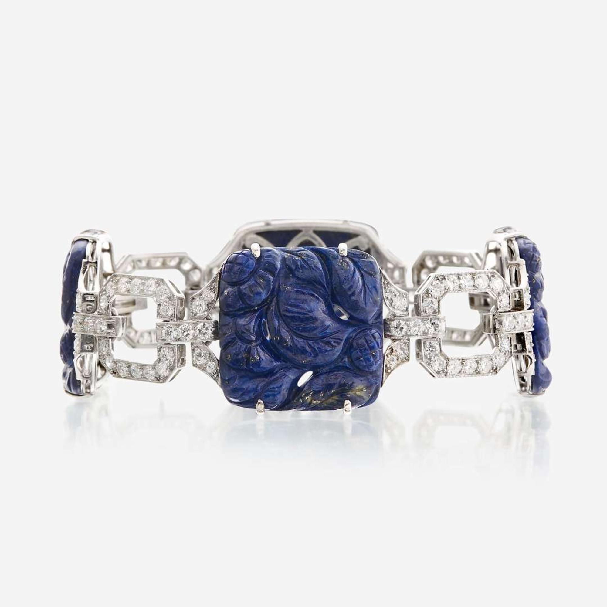 A lapis lazuli, diamond, and eighteen karat white gold bracelet