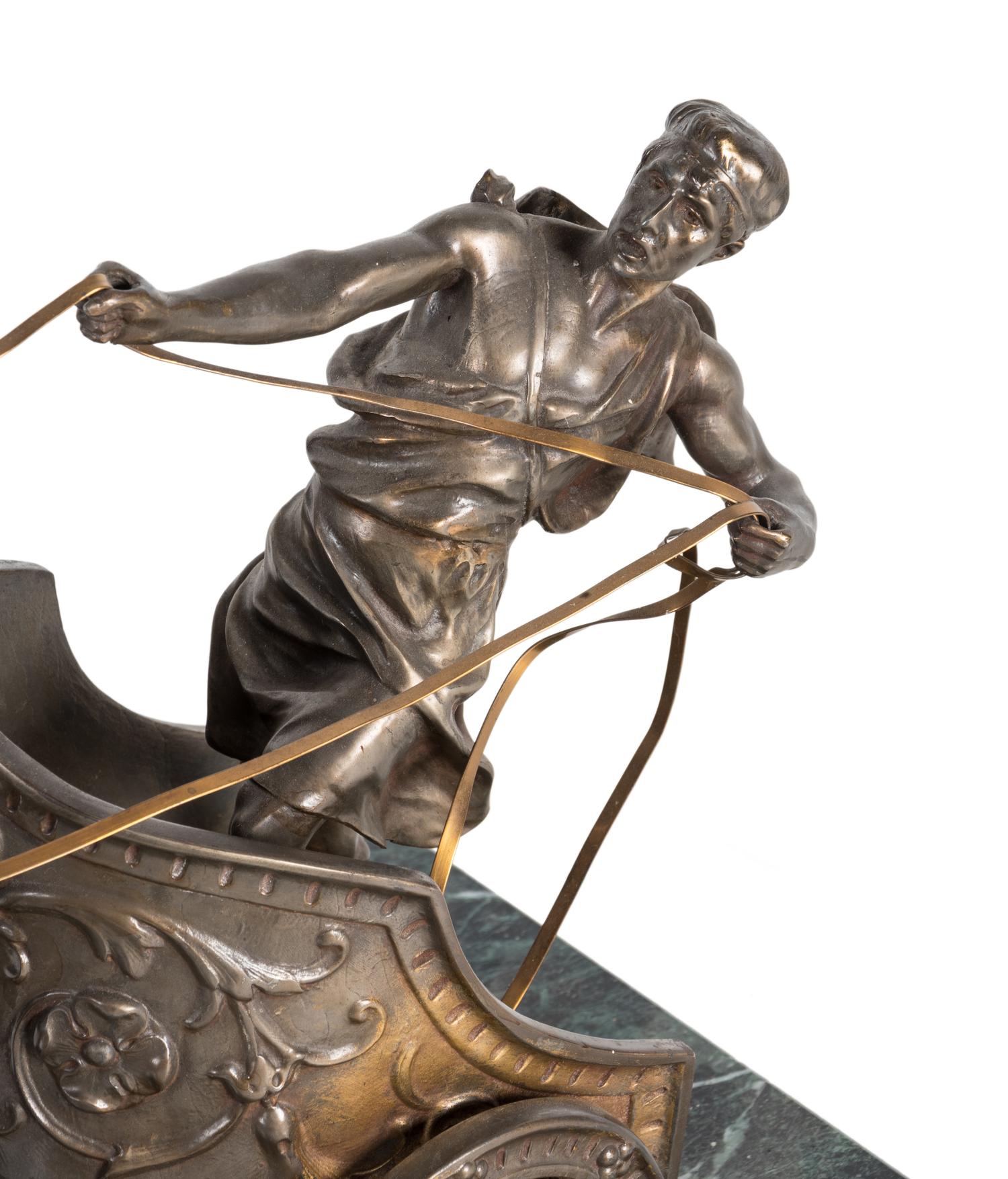 A Bronze and Patinated Metal Figural Group Depicting a Two-Horse Roman Chariot and Rider