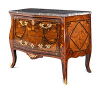 A Louis XV Style Gilt Bronze Mounted Marquetry Marble-Top Commode