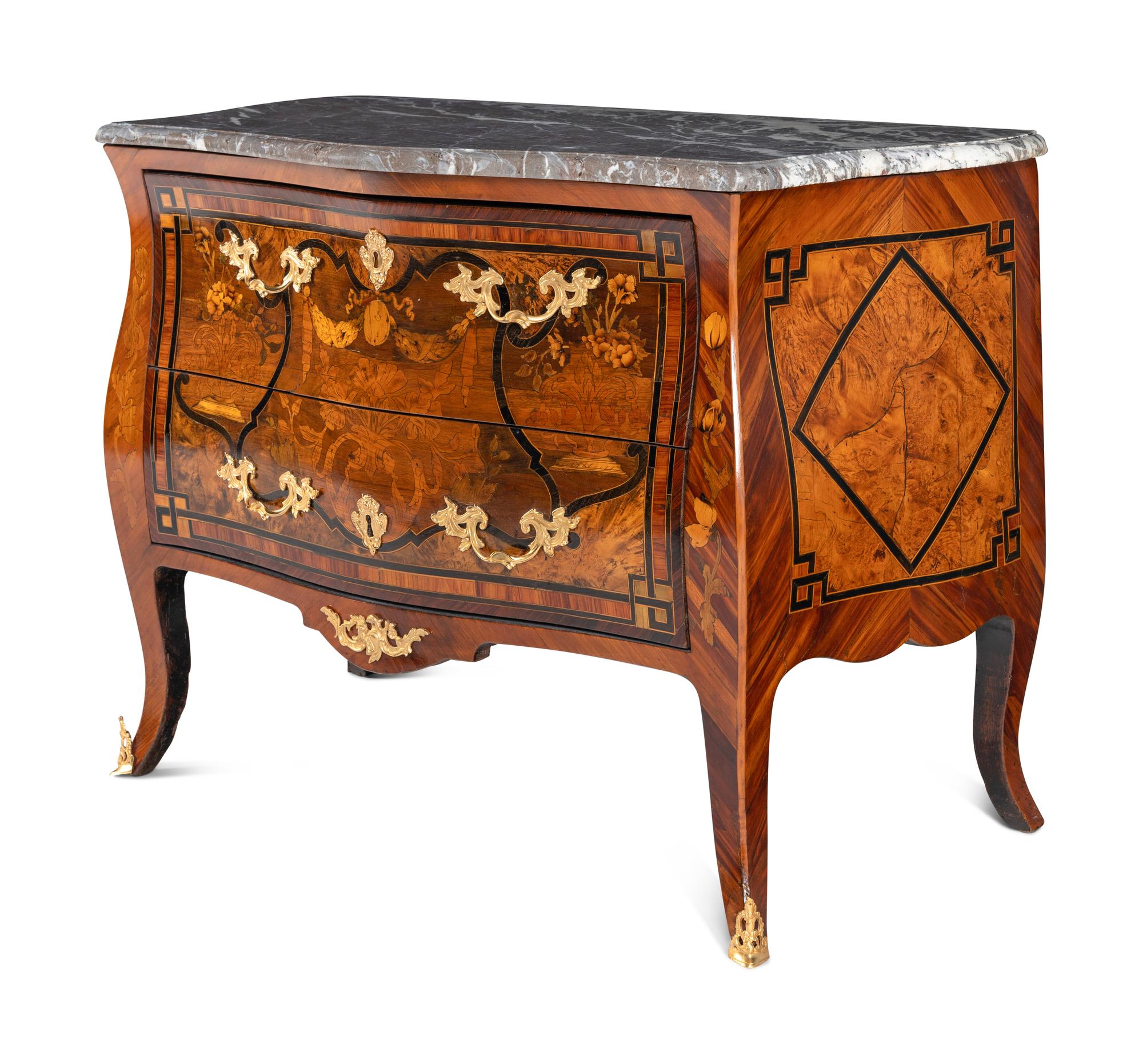 A Louis XV Style Gilt Bronze Mounted Marquetry Marble-Top Commode