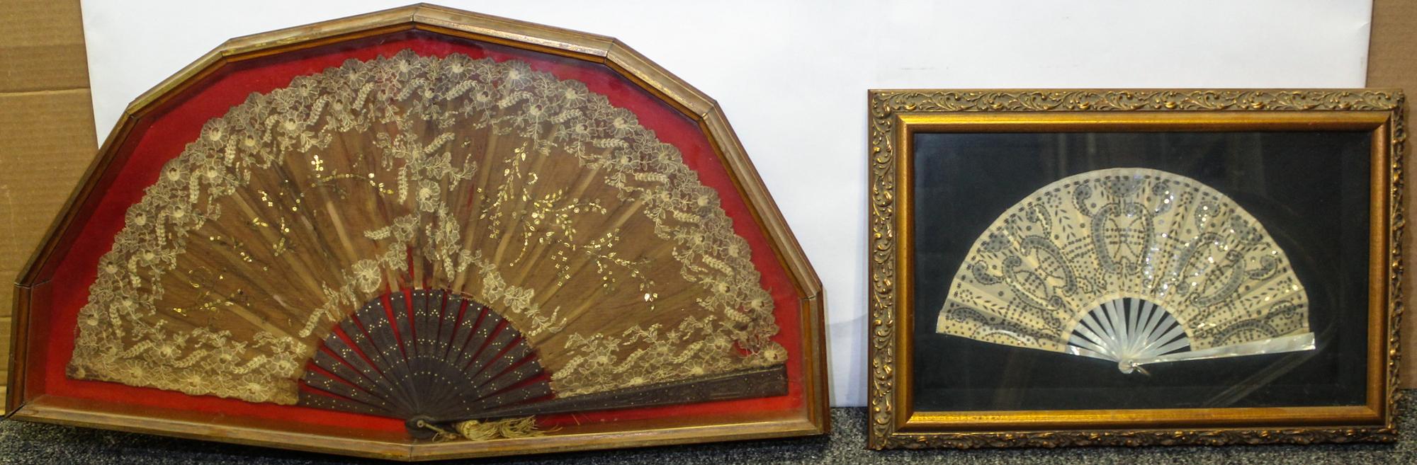 A Lace Fan and Mother of Pearl Fan. Width of first overall 30 inches.