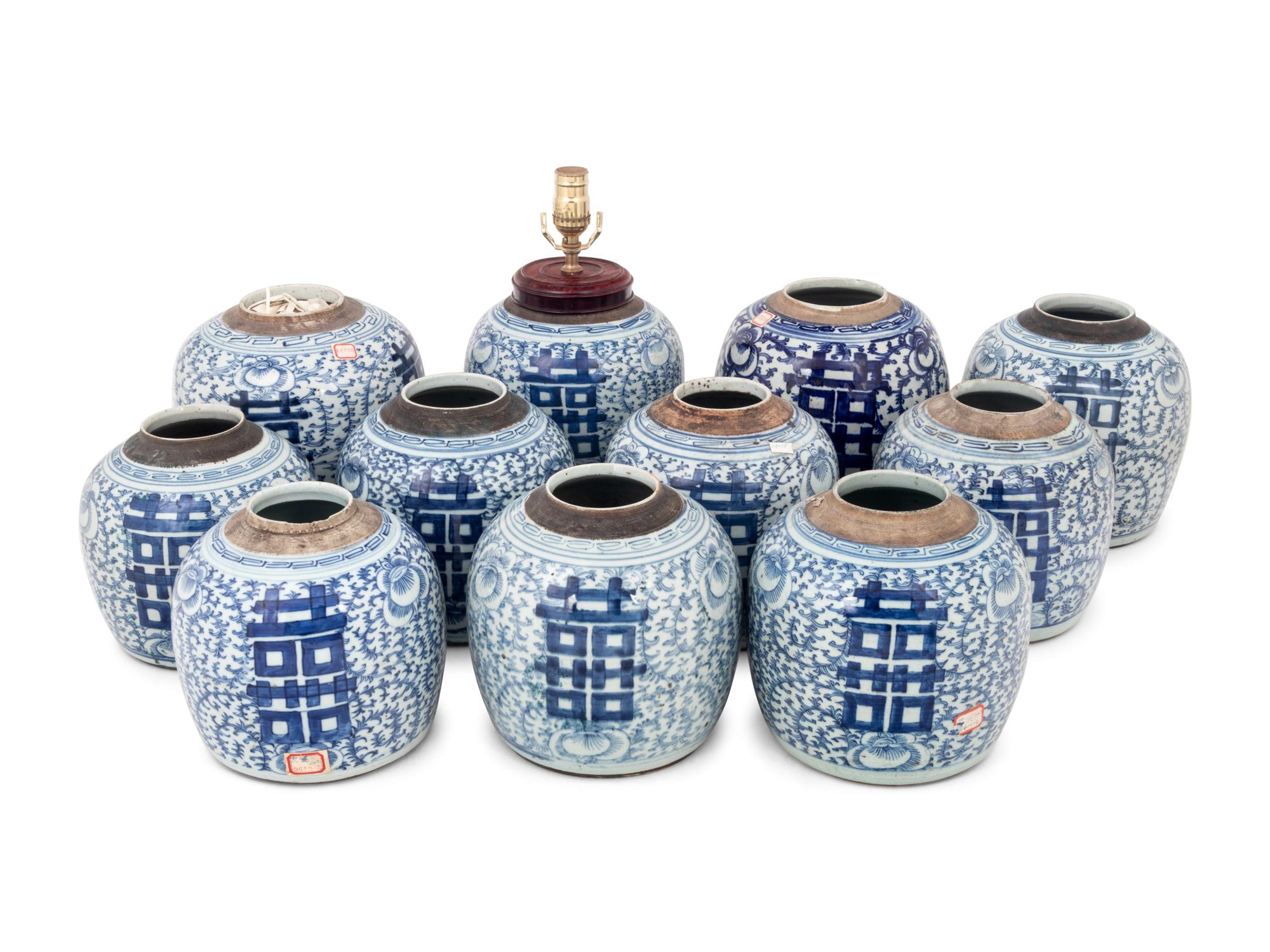 11 Chinese Blue and White Porcelain 'Double Happiness' Jars