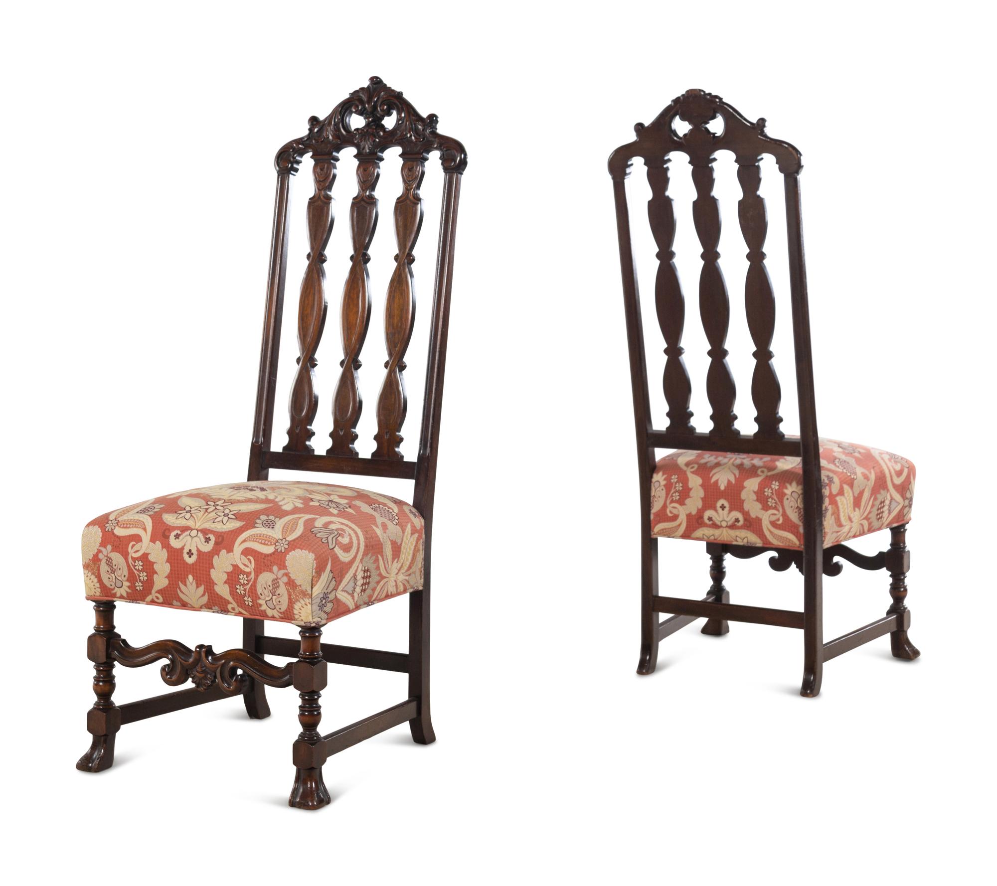 A Pair of William and Mary Style Mahogany Hall Chairs with Scalamandré Upholstery
