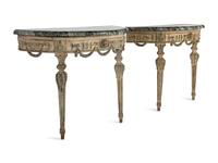 A Pair of Italian Neoclassical White and Green Painted Faux Marble-Top Demilune Console Tables
