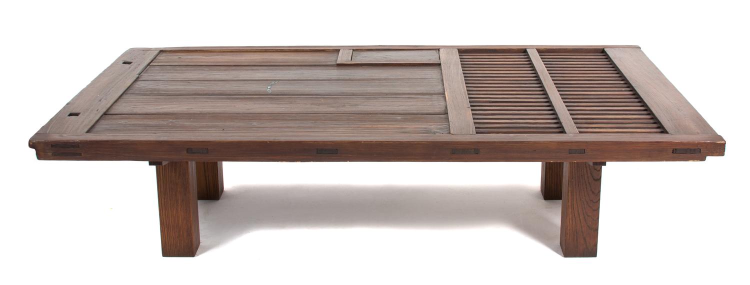 A Suite of Contemporary Brown Wicker and Stained Wood Outdoor Furniture Table, Height 19 1/2 x length 73 x depth 44 1/2 inches. — 20TH CENTURY
