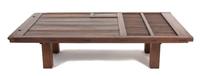 A Suite of Contemporary Brown Wicker and Stained Wood Outdoor Furniture Table, Height 19 1/2 x length 73 x depth 44 1/2 inches. — 20TH CENTURY