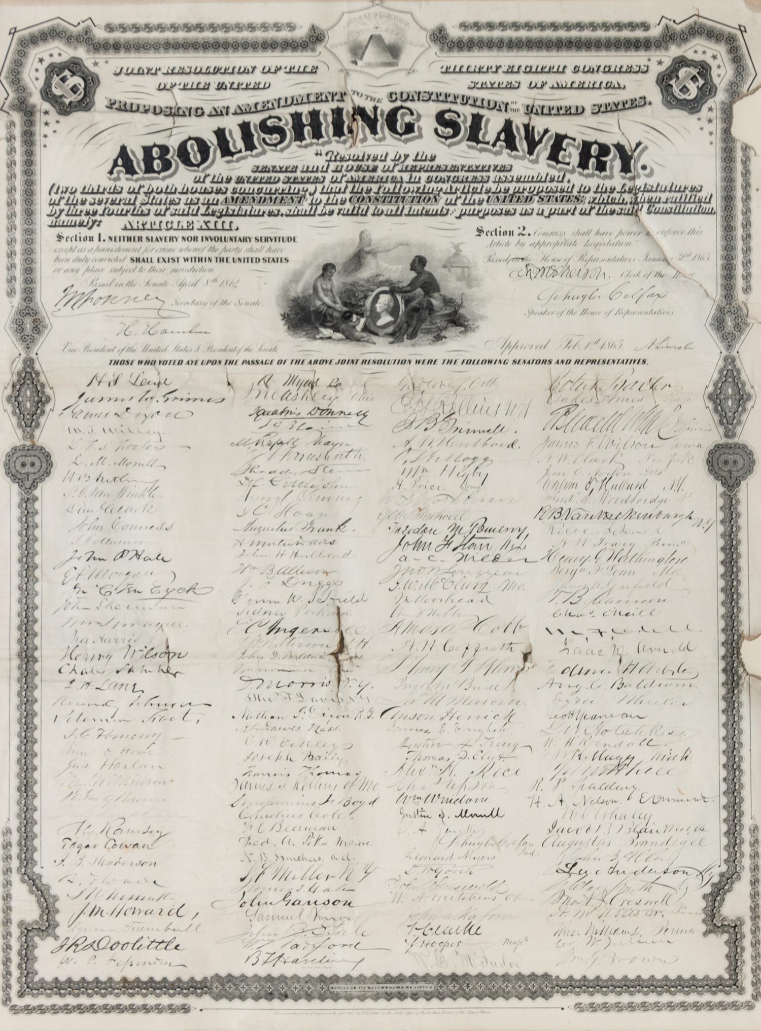 [AMERICANA - THIRTEENTH AMENDMENT]. [LINCOLN, Abraham]. Joint Resolution of the Thirty Eighth Congress...Abolishing Slavery. RARE.