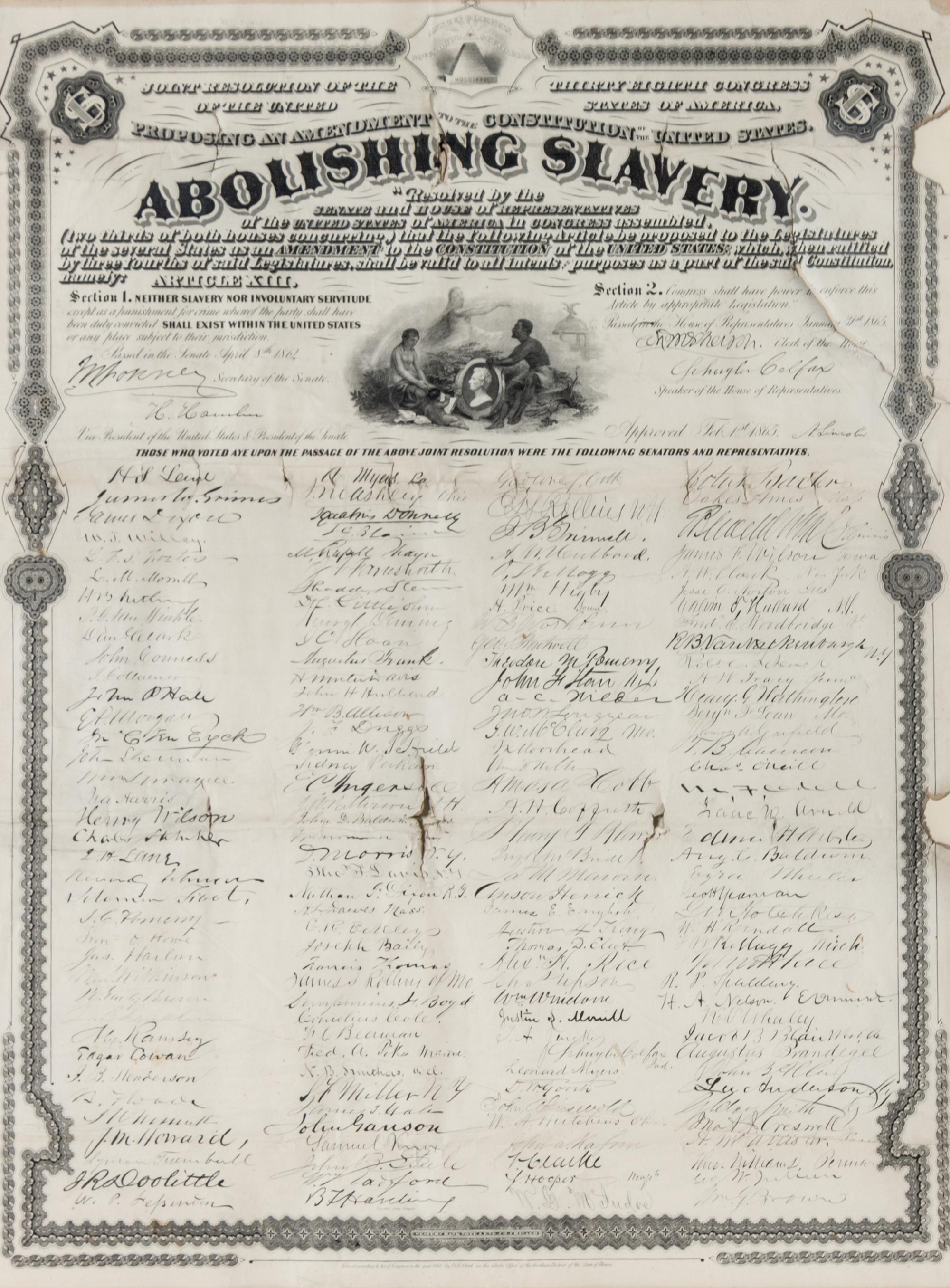[AMERICANA - THIRTEENTH AMENDMENT]. [LINCOLN, Abraham]. Joint Resolution of the Thirty Eighth Congress...Abolishing Slavery. RARE.