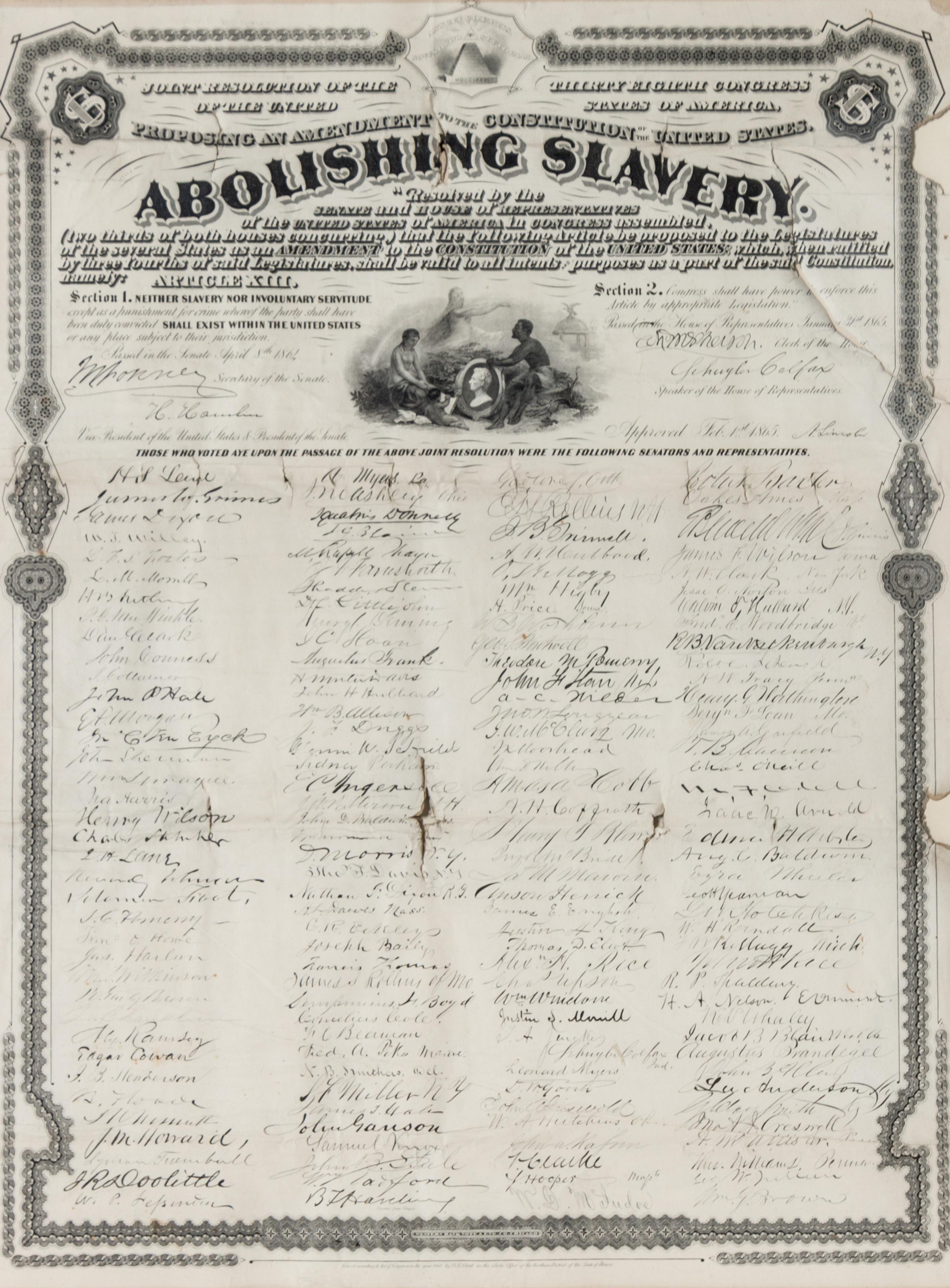 [AMERICANA - THIRTEENTH AMENDMENT]. [LINCOLN, Abraham]. Joint Resolution of the Thirty Eighth Congress...Abolishing Slavery. RARE.