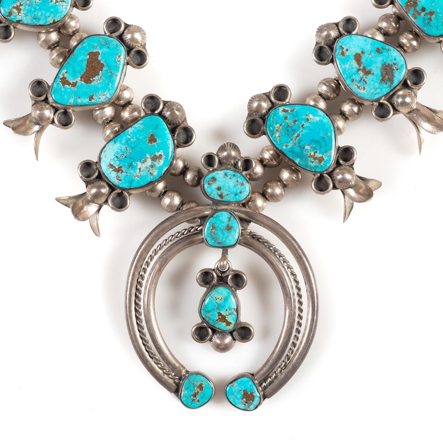 Navajo Silver and Turquoise Squash Blossom Necklace