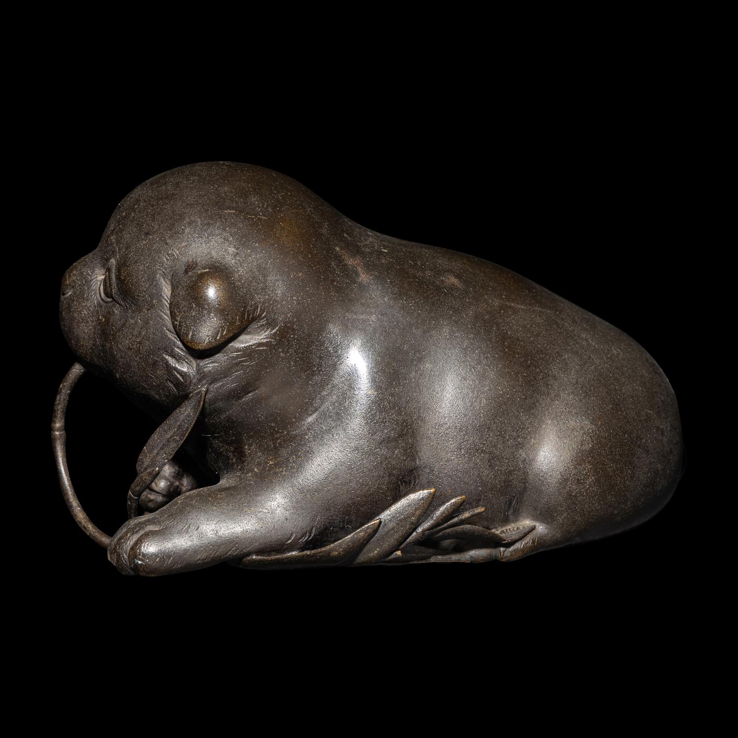 A Japanese Bronze Okimono of a Puppy, Meiji-Taisho Period