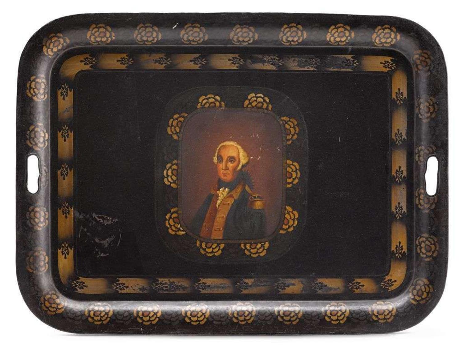 Painted and stenciled Commemorative tinware tray first half 19th century