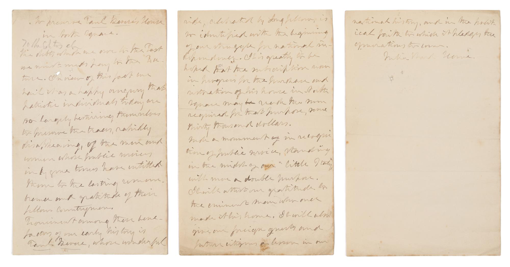 HOWE, Julia Ward (1819-1900). Autograph letter signed ("Julia Ward Howe"), to the editors of The Transcript. N.p., n.d.