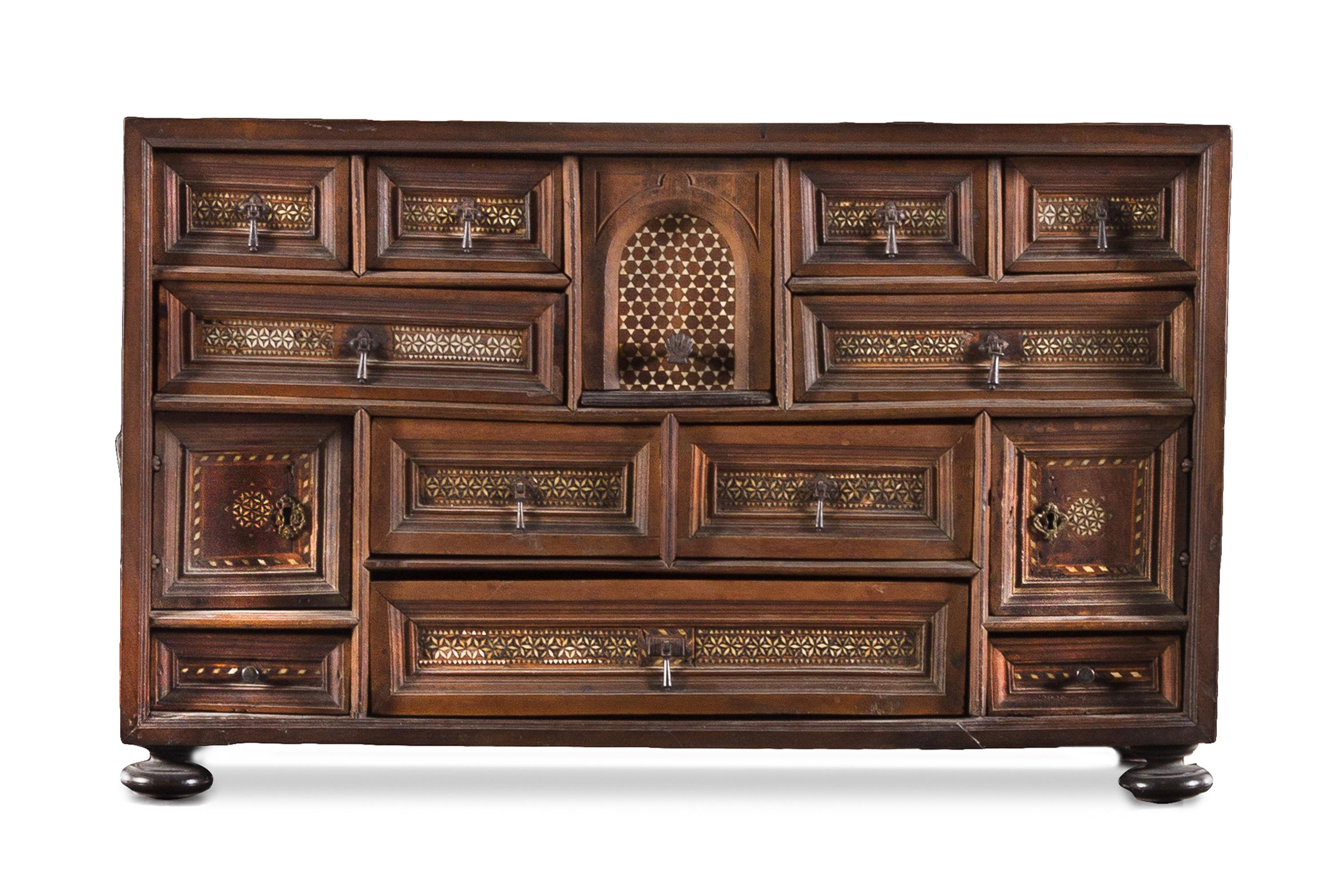 A Spanish Baroque Bone Inlaid Vargueno Height 20 x width 33 x depth 14 1/4 inches. — 17TH CENTURY