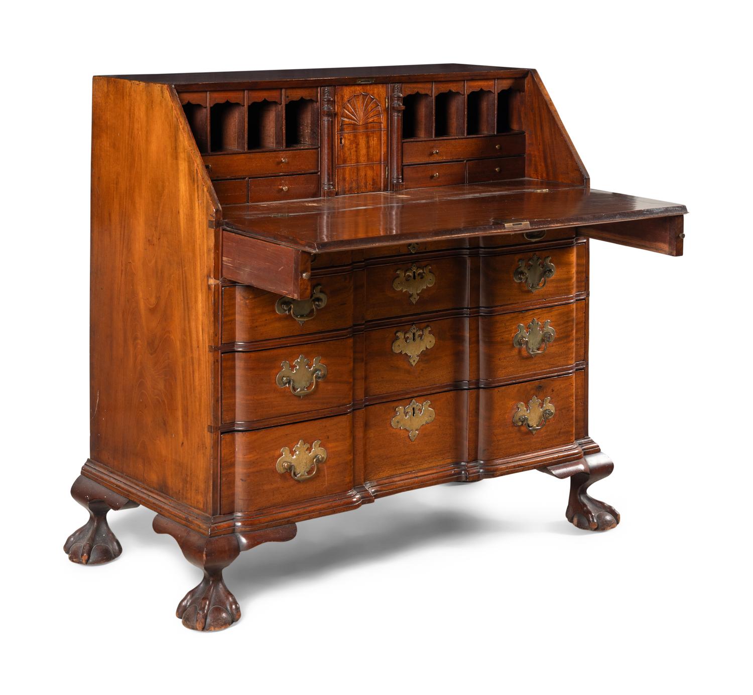 A Chippendale Style Mahogany Block-Front Claw and Ball Foot Slant-Front Desk