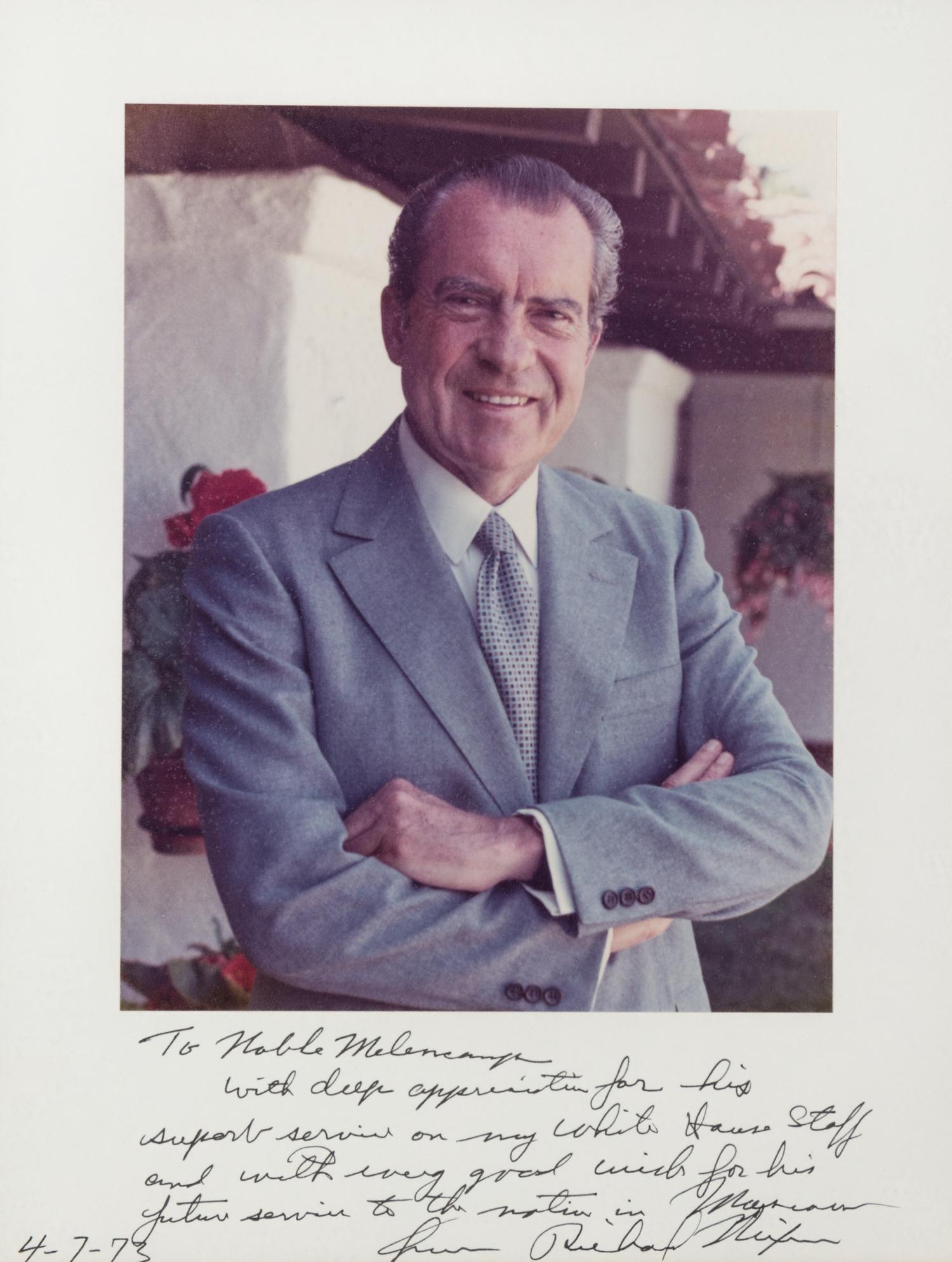 NIXON, RICHARD. Photograph signed and inscribed as President , on the mount, April 7, 1973.