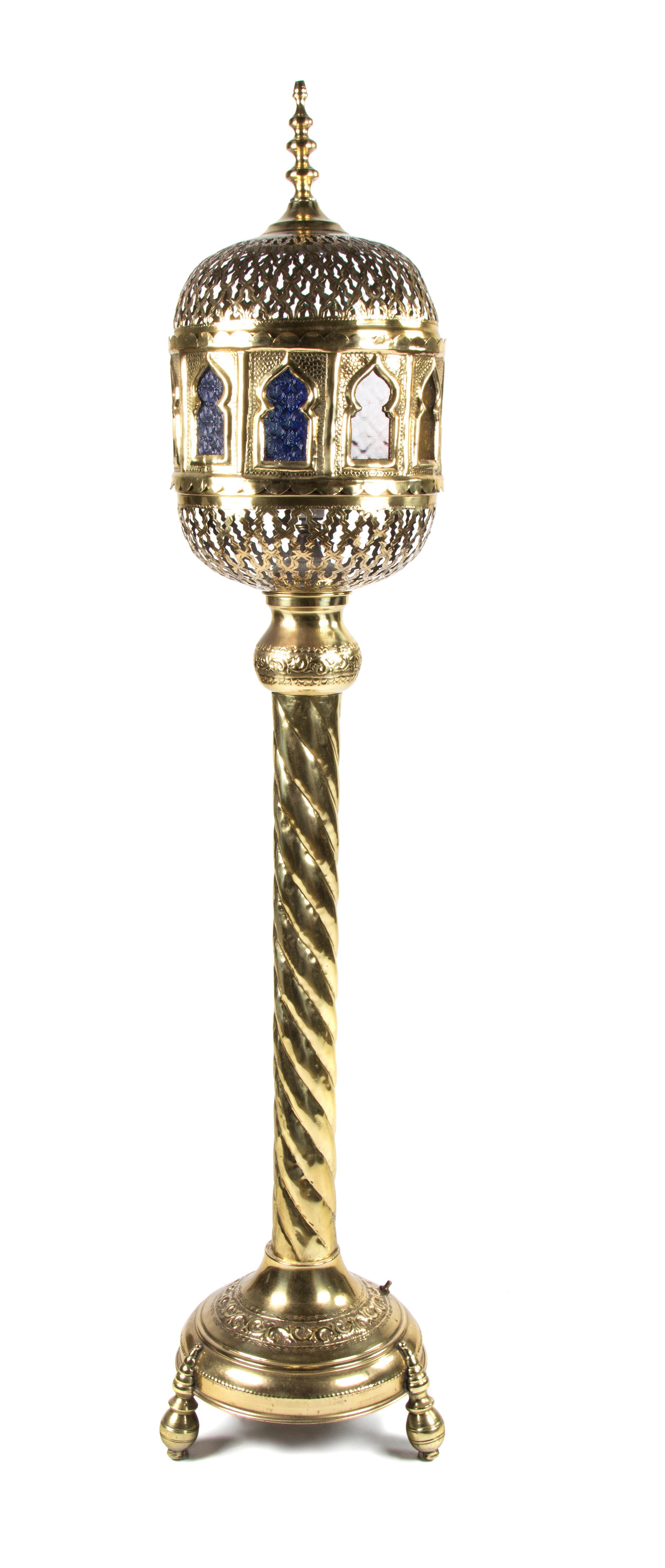 A Moroccan Style Brass Floor Lantern Height overall 60 1/2 inches. — 20TH CENTURY