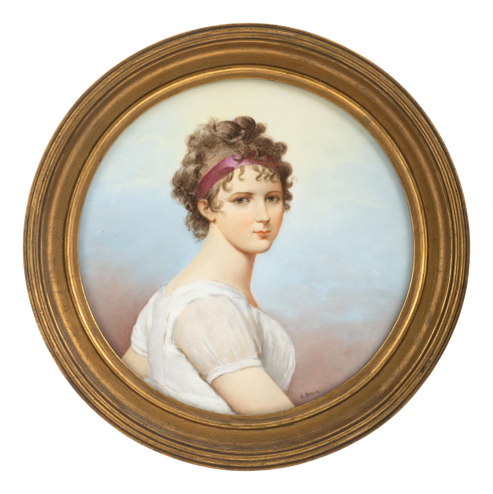 A Continental Painted Porcelain Plaque Depicting Madame Récamier After Jacques Louis David