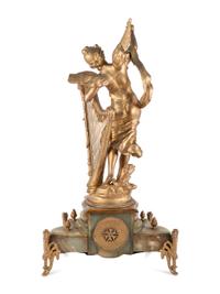 A French Metal and Onyx Clock Garniture with Figure after Francois Moreau (French, 1832-1927)