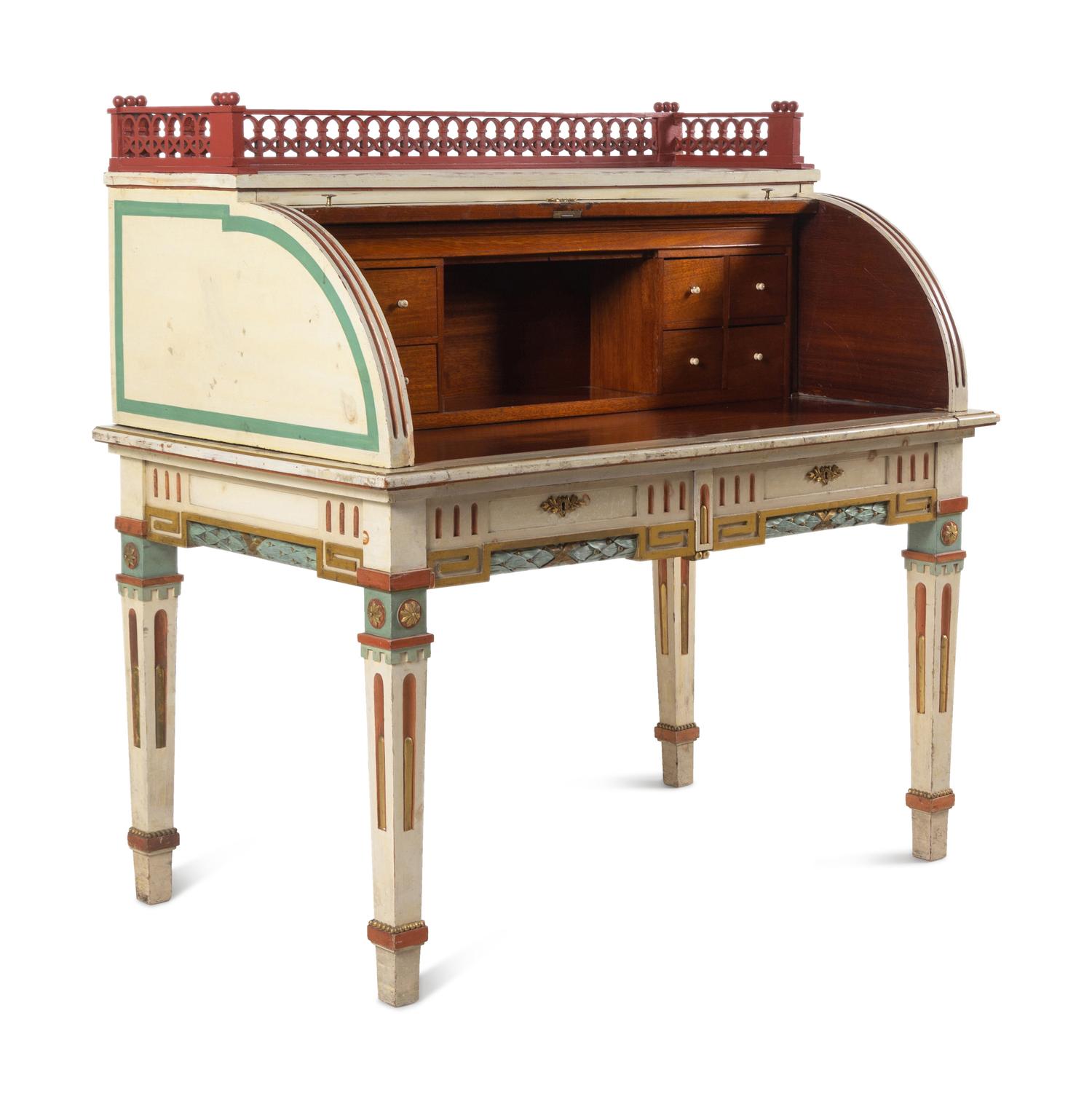 A Continental Polychrome-Painted Cylinder Bureau