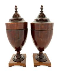 A Pair of English Mahogany and Satinwood Cutlery Urns