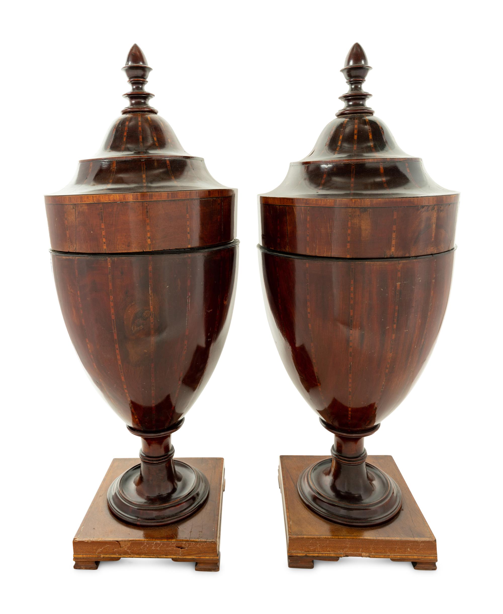 A Pair of English Mahogany and Satinwood Cutlery Urns
