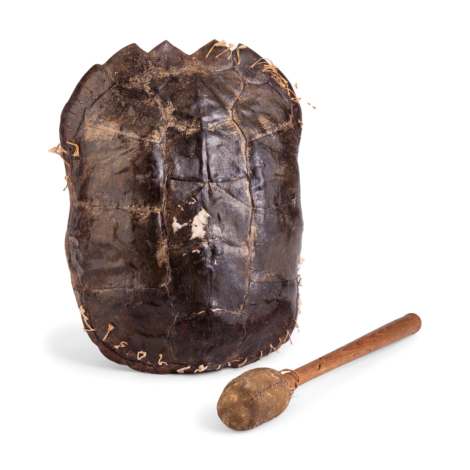 Great Lakes Turtle Shell Drum Remnant, with Drum Beater