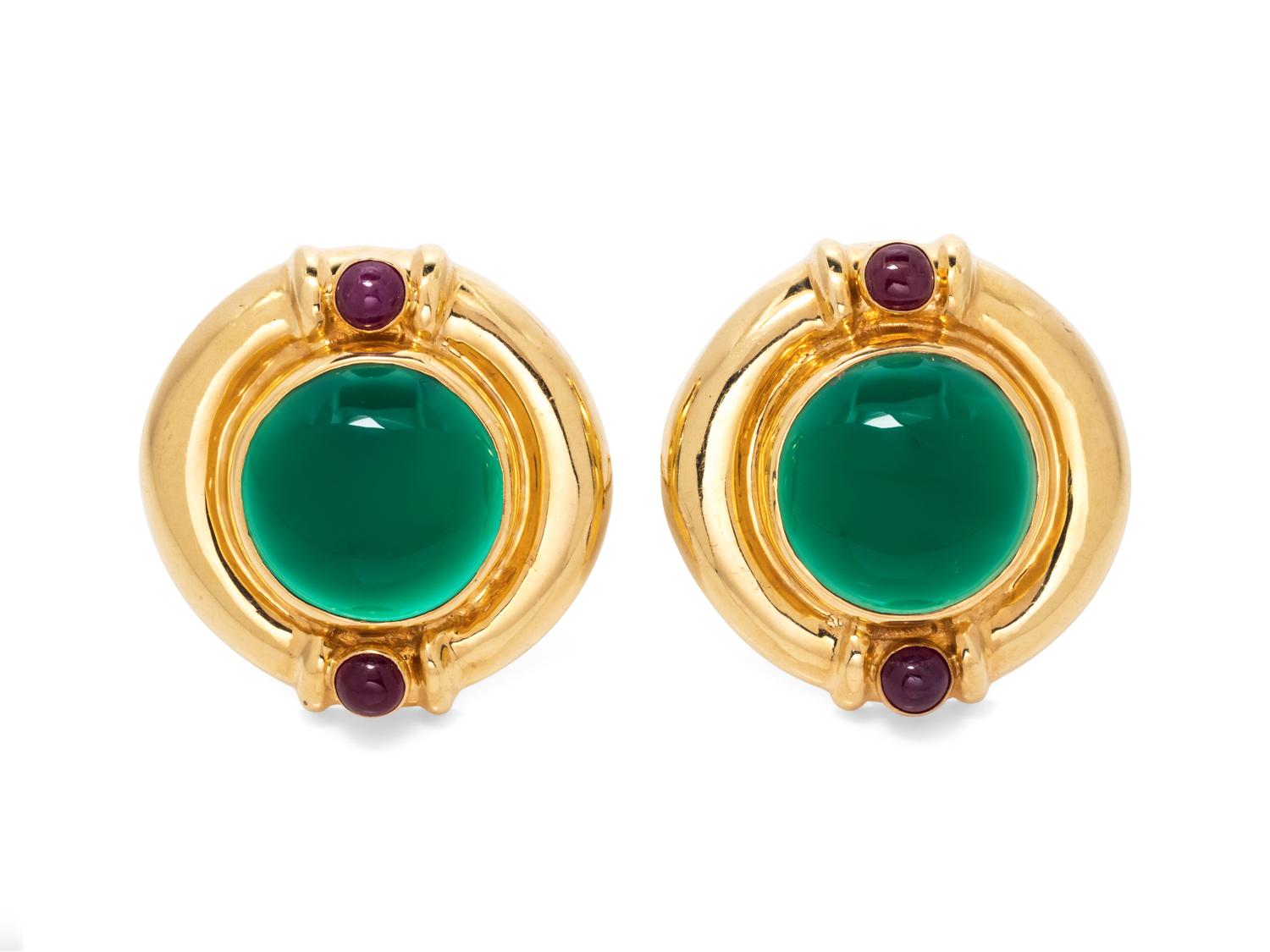 A Pair of 14 Karat Yellow Gold, Chalcedony and Ruby Earclips,