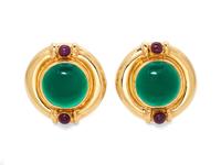 A Pair of 14 Karat Yellow Gold, Chalcedony and Ruby Earclips,