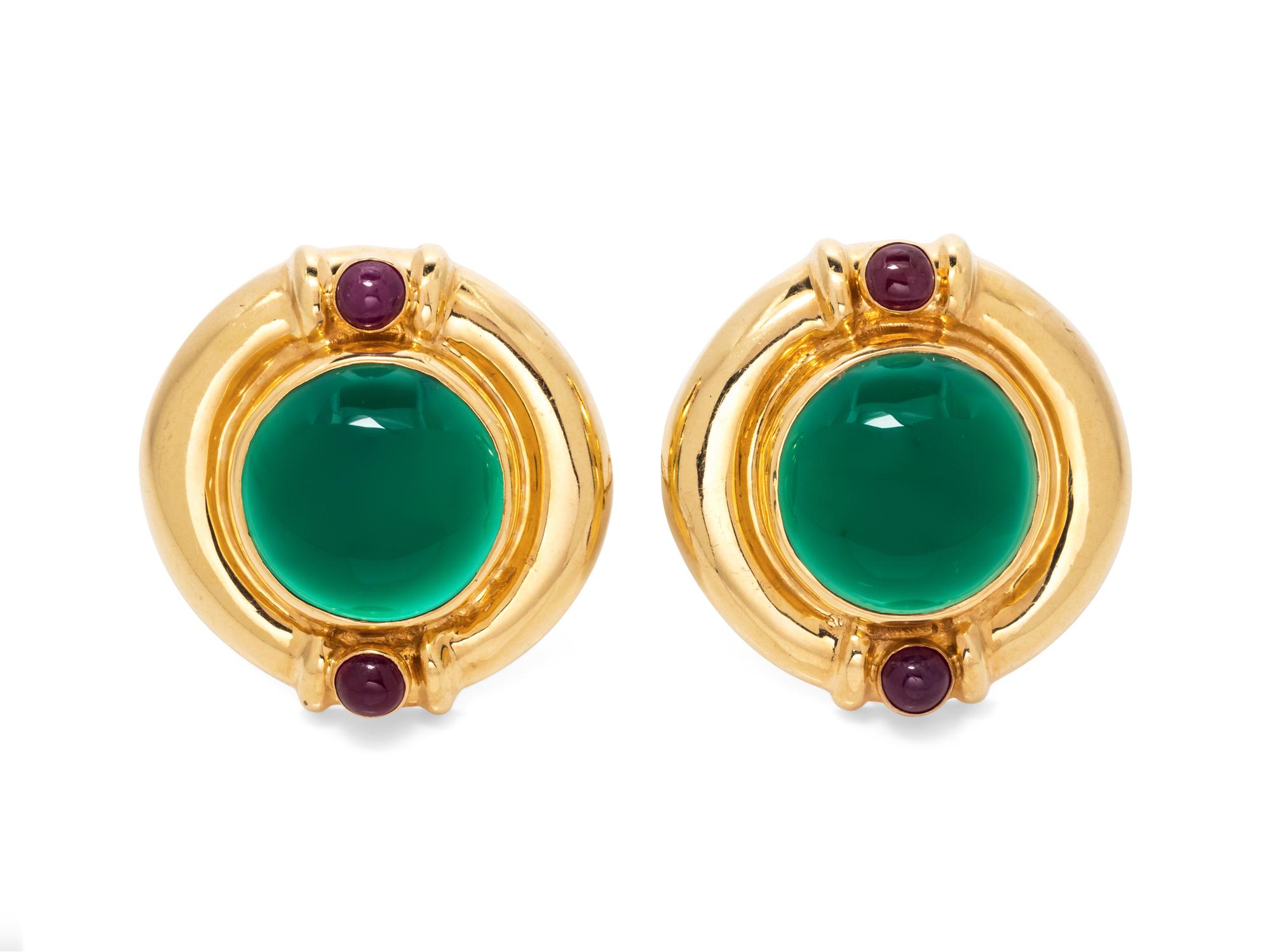 A Pair of 14 Karat Yellow Gold, Chalcedony and Ruby Earclips,