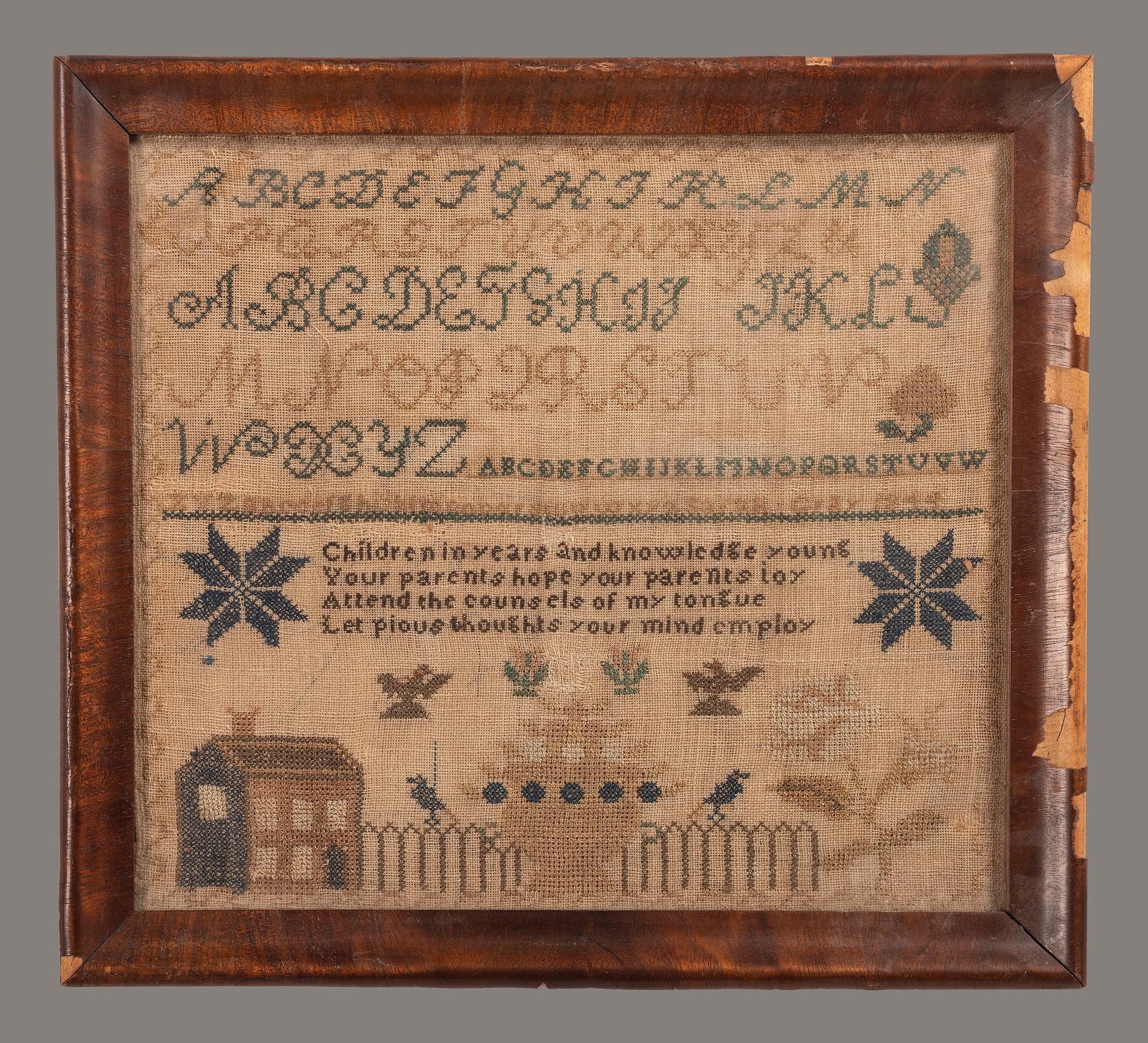A Needlework Embroidered Schoolgirl's Sampler, Wrought by Sarah Gray