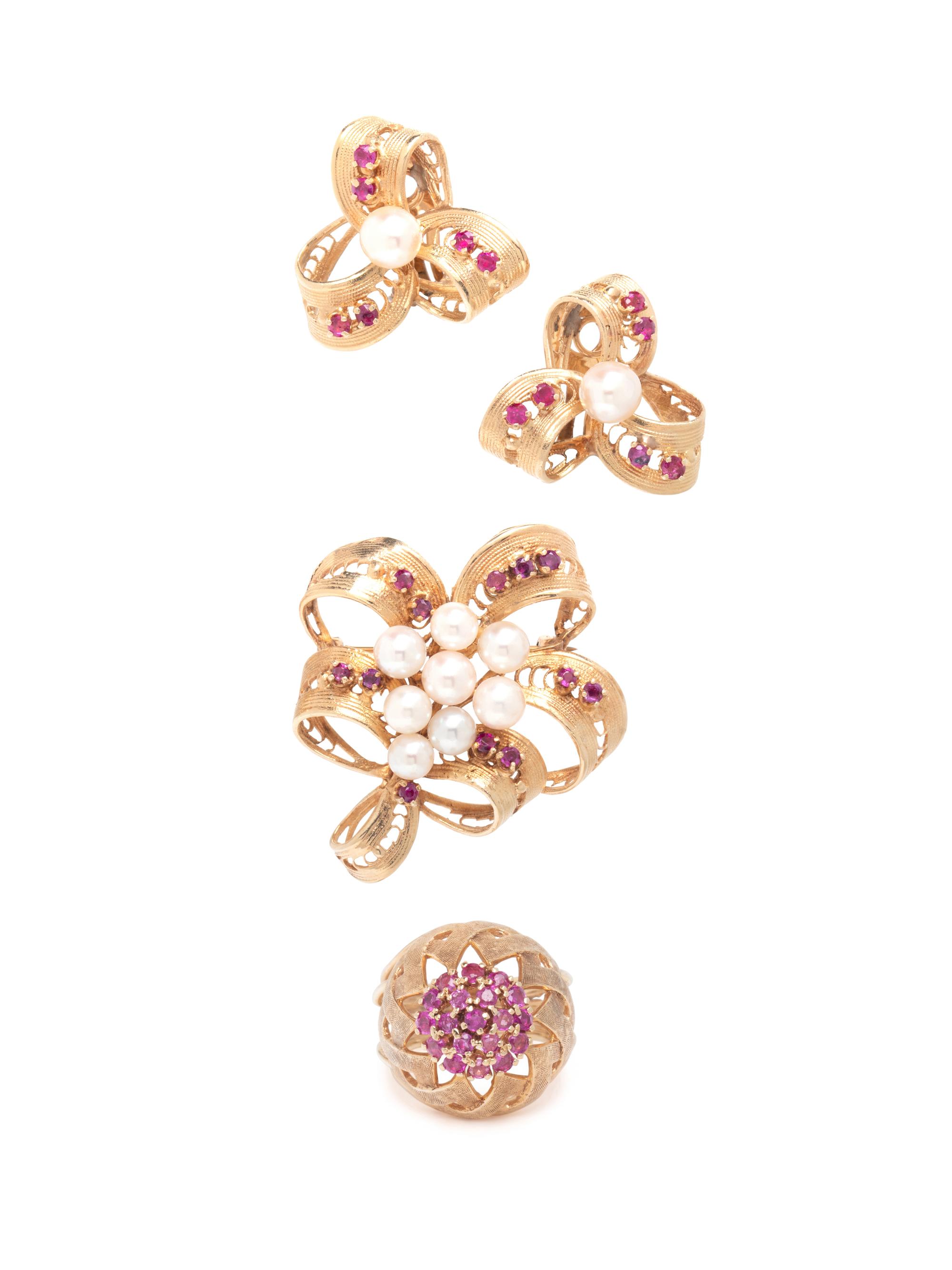 COLLECTION OF YELLOW GOLD, CULTURED PEARL, AND RUBY JEWELRY