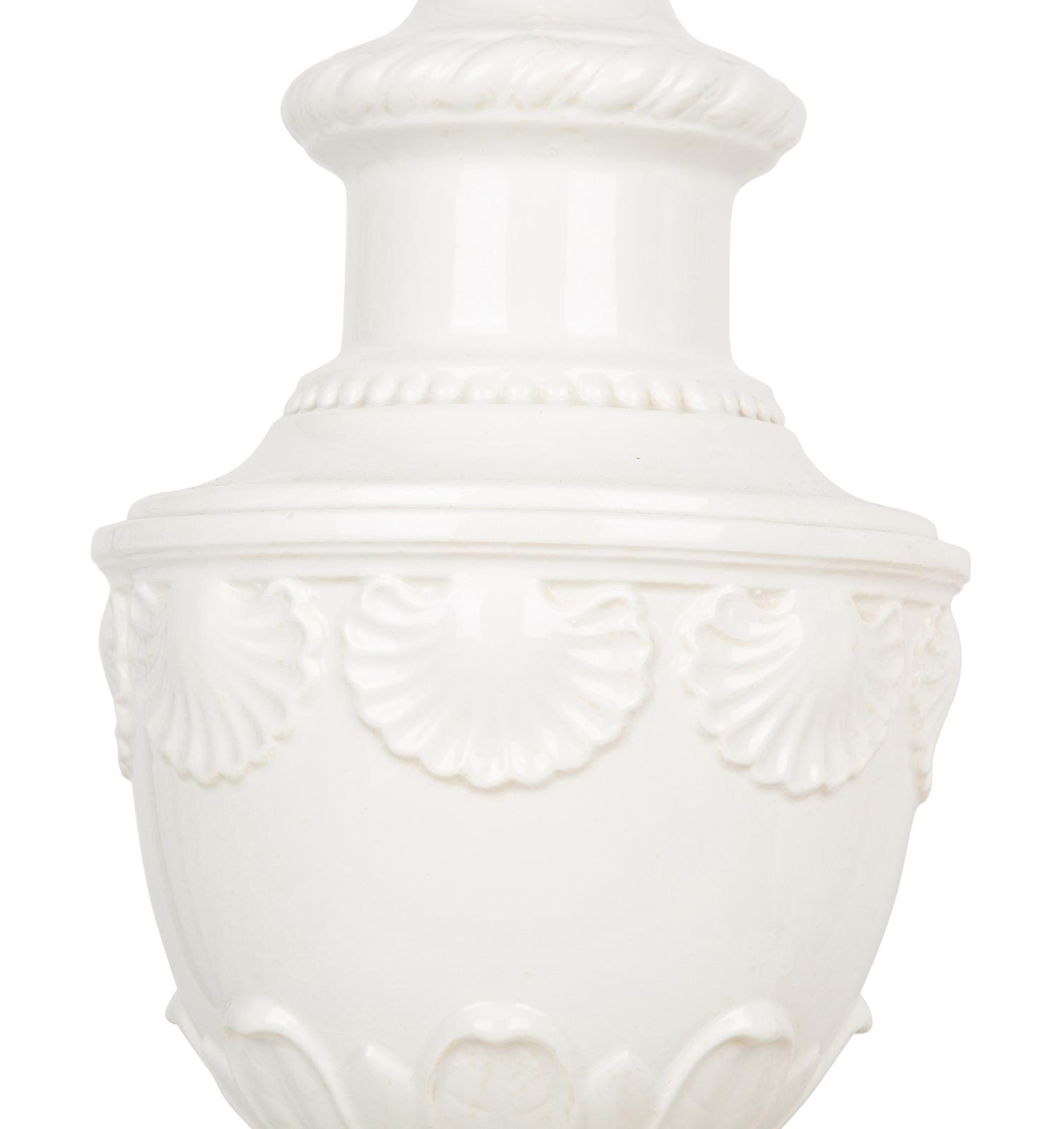 A Pair of Italian White-Glazed Shell-Molded Vases Mounted as Lamps — 20TH CENTURY