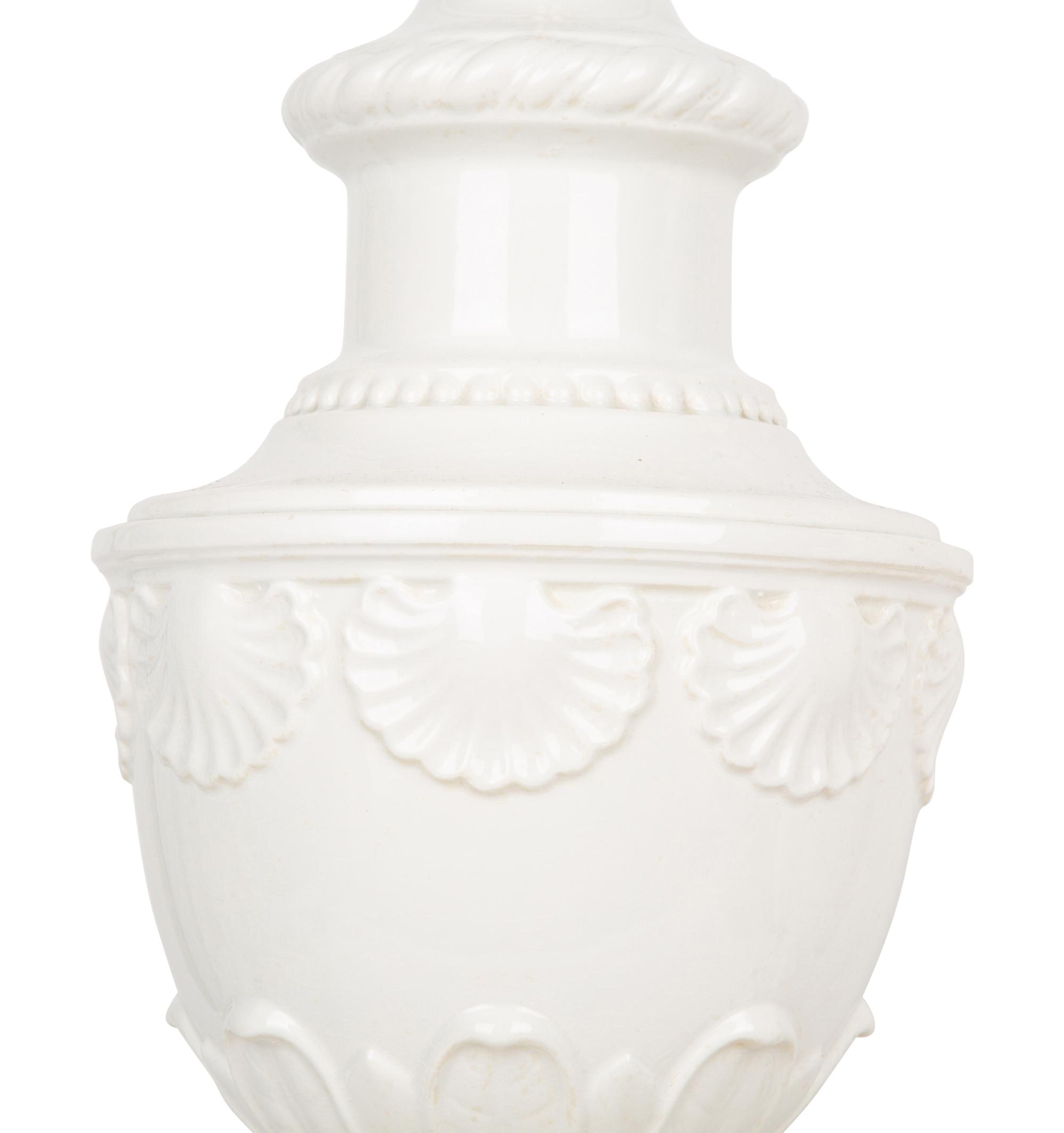 A Pair of Italian White-Glazed Shell-Molded Vases Mounted as Lamps — 20TH CENTURY